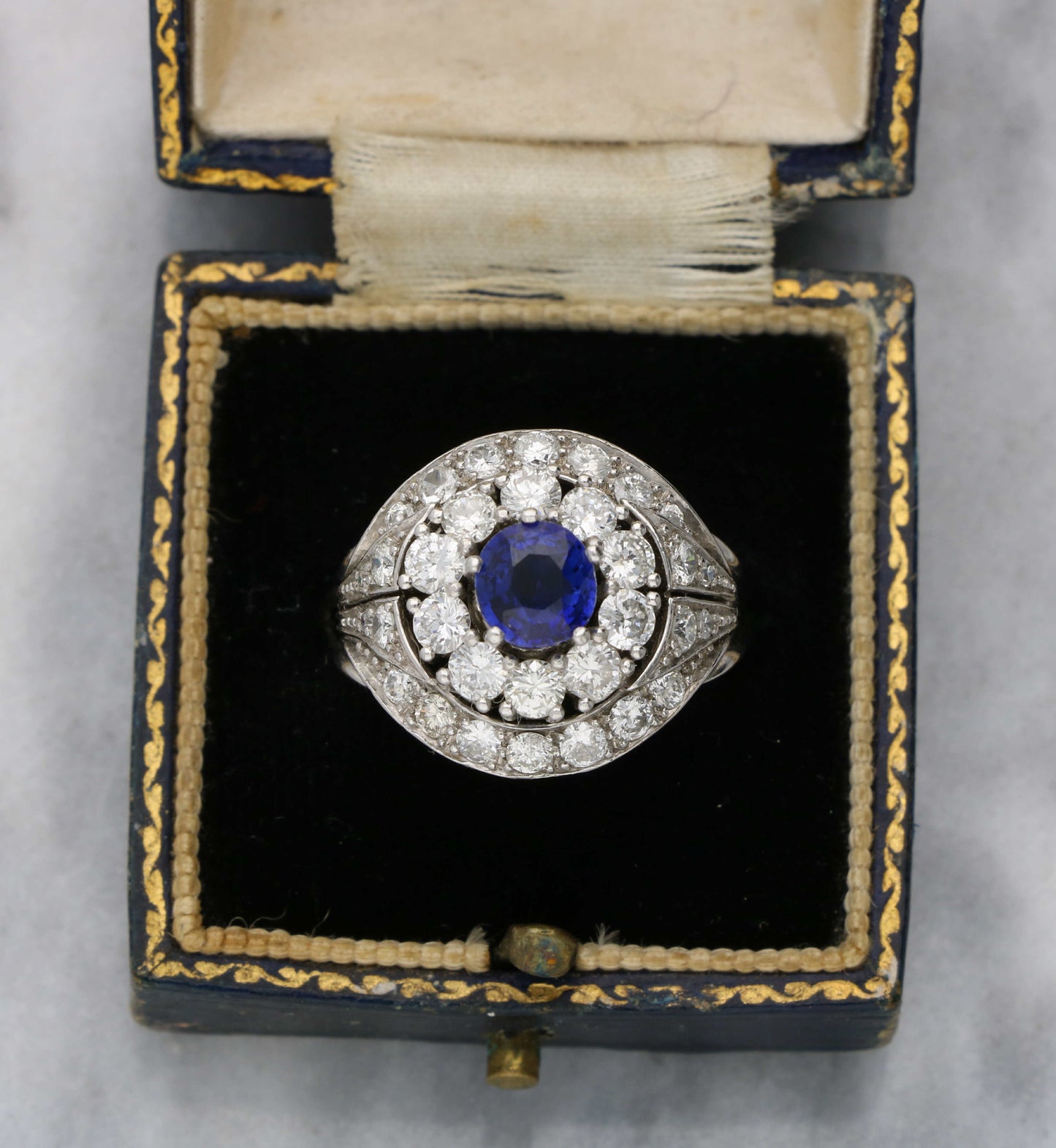French platinum sapphire and diamond cluster ring