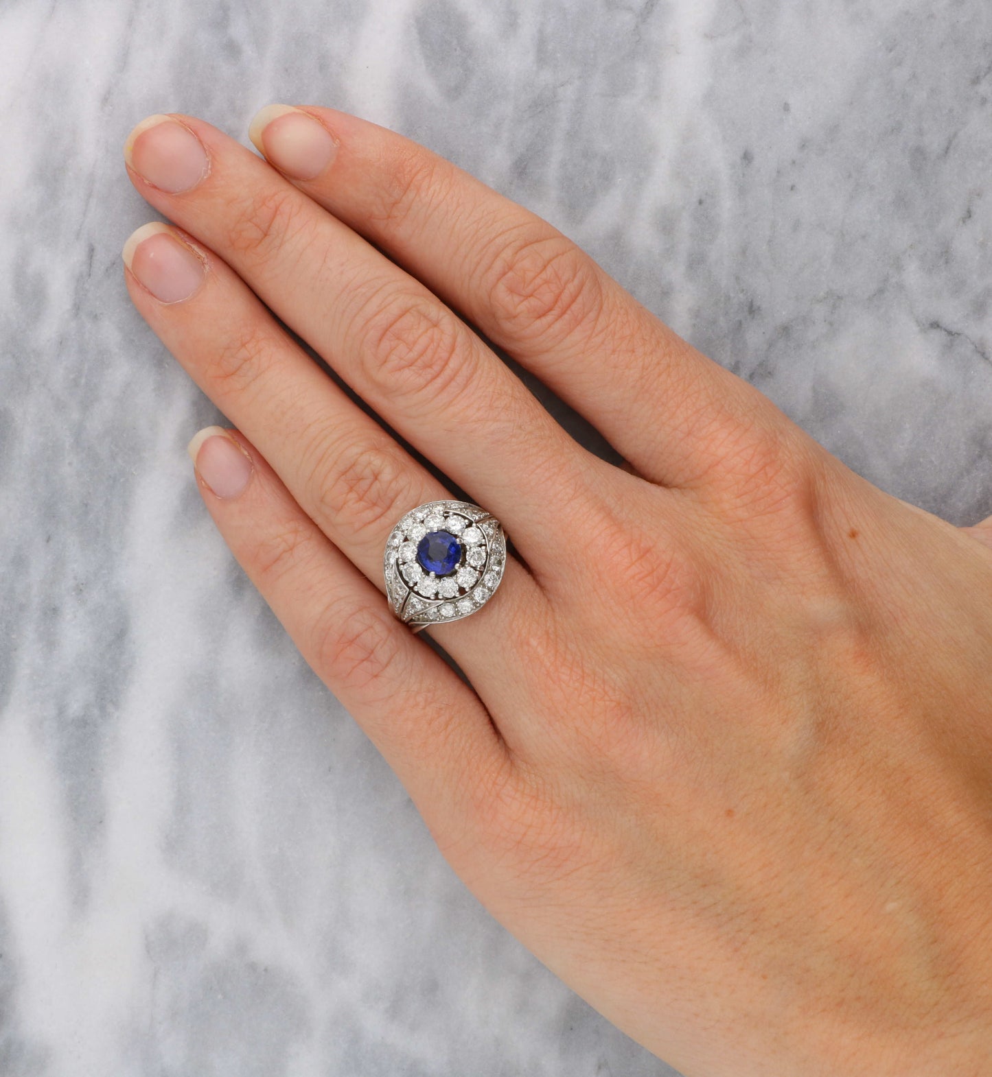 French platinum sapphire and diamond cluster ring