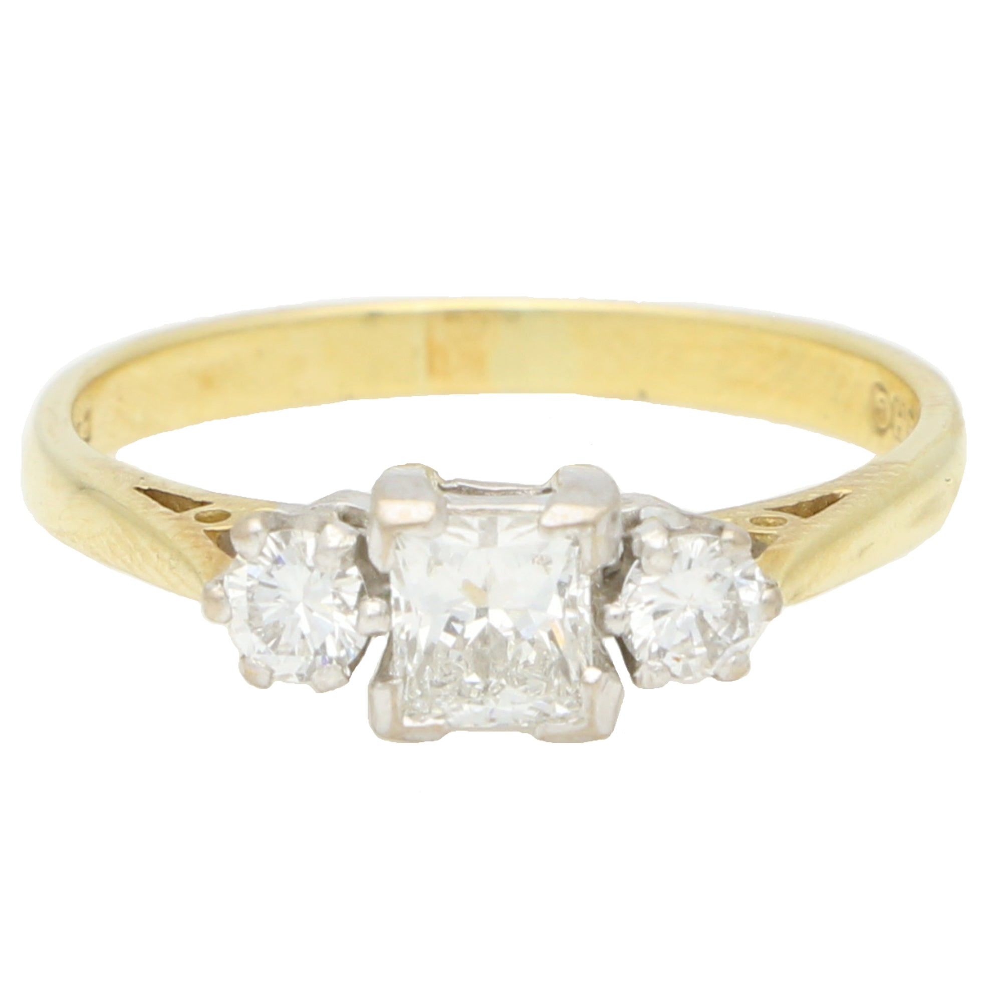 Vintage 1988 Princess and Round Brilliant Cut Diamond Three Stone