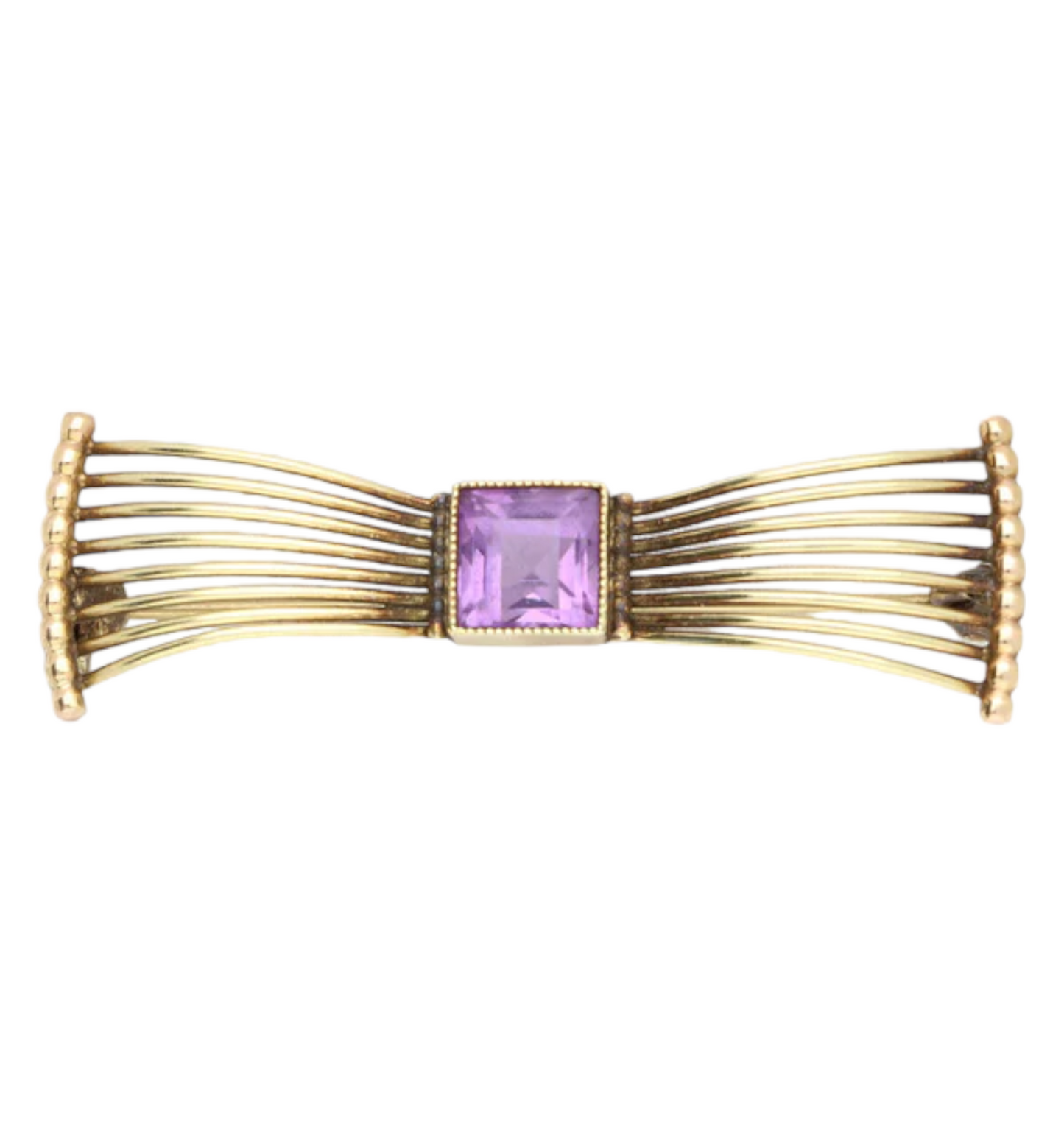 Vintage 14ct amethyst bow brooch in box.