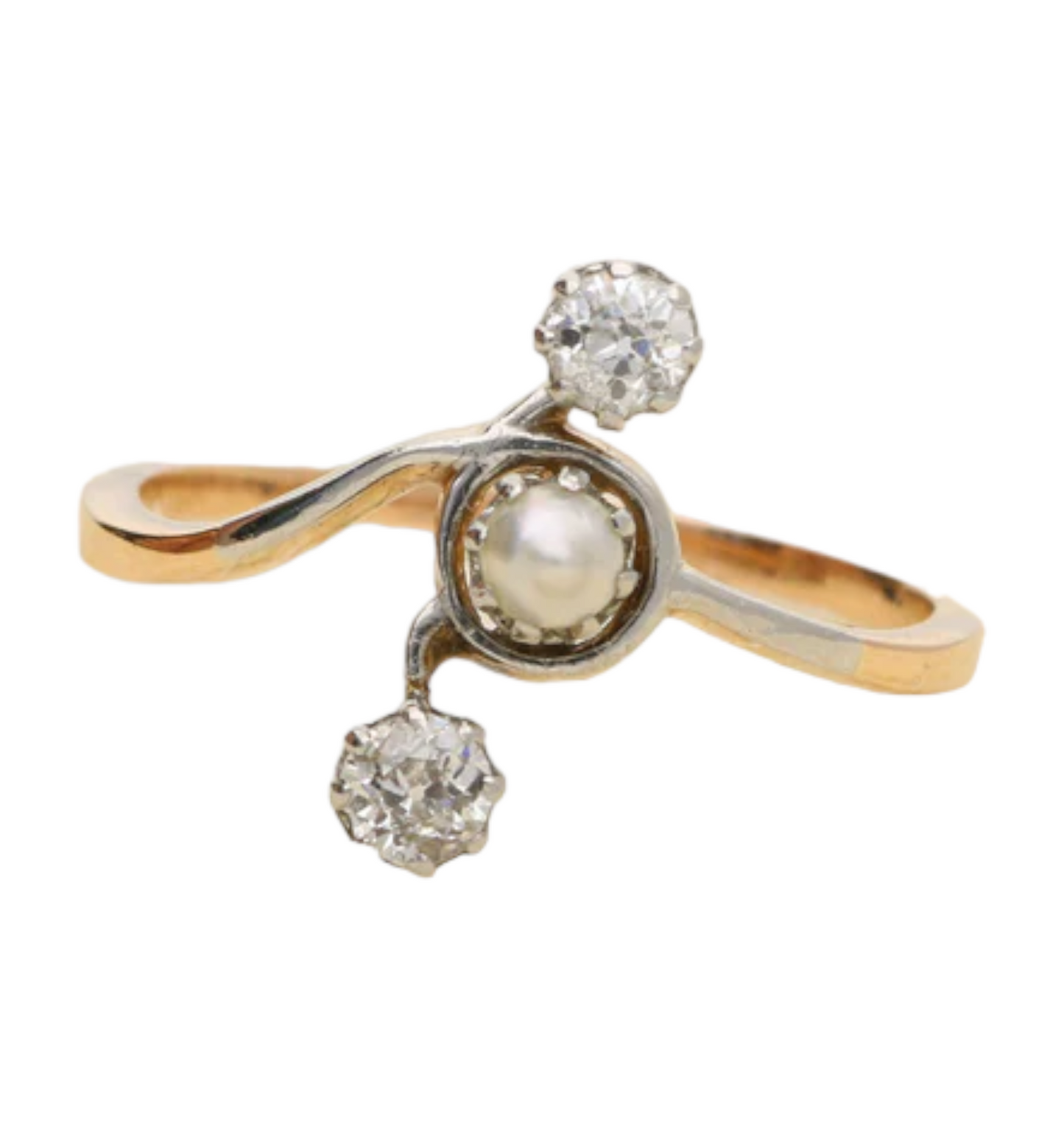 Antique pearl and old cut diamond crossover ring