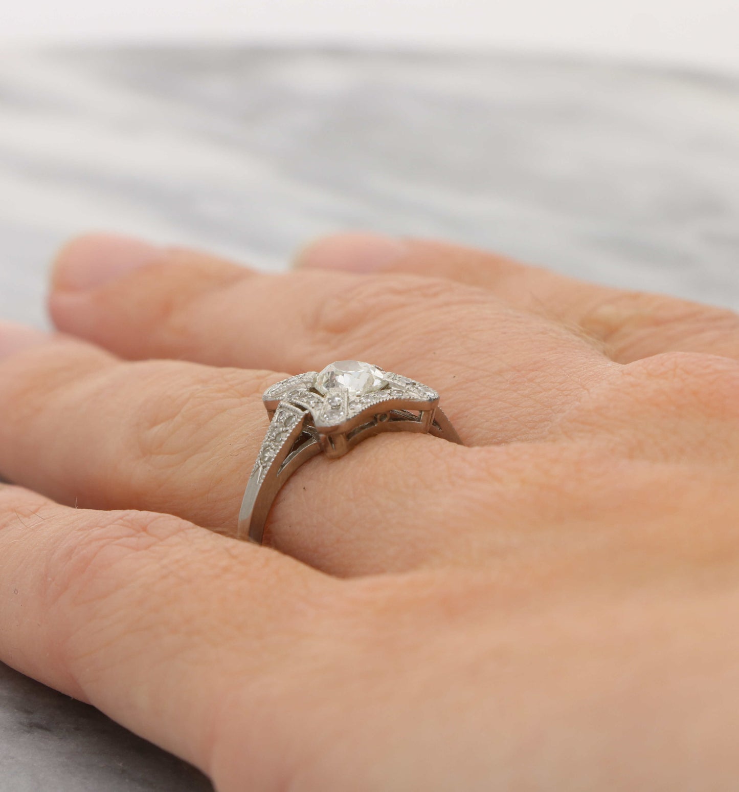 Platinum old cut diamond Art Deco style engagement ring