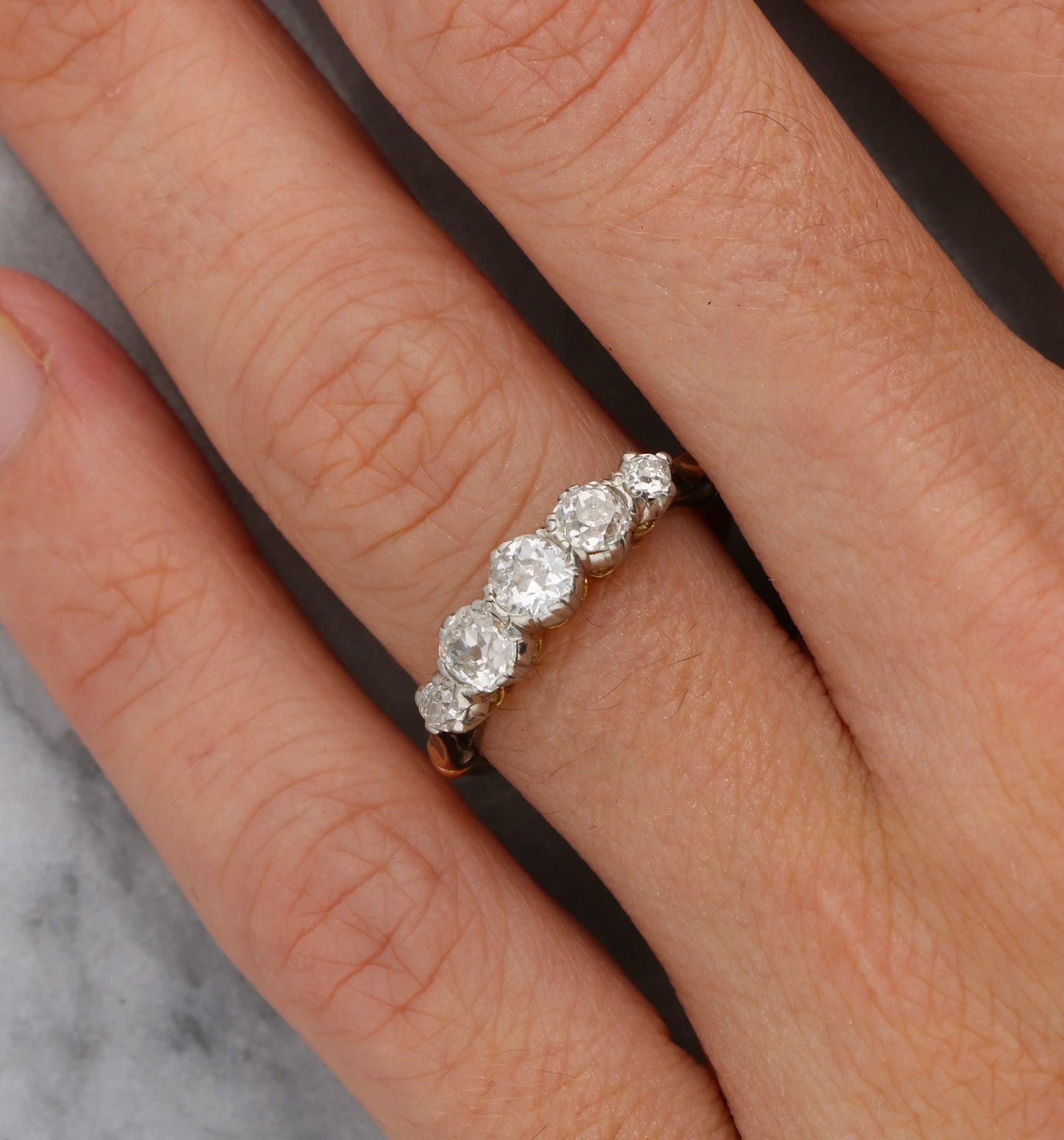 Rose gold old cut diamond 5 stone ring