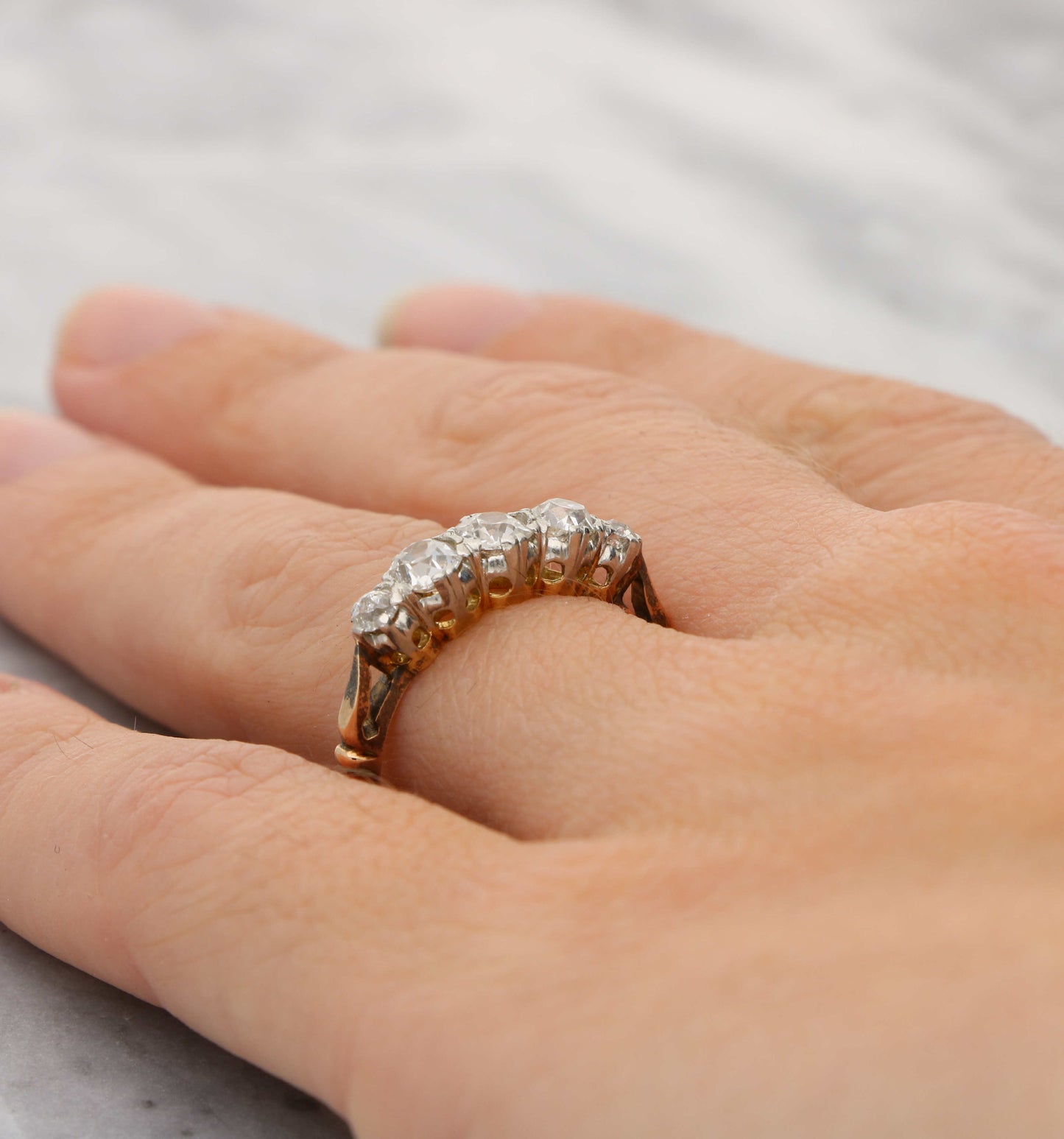 Rose gold old cut diamond 5 stone ring