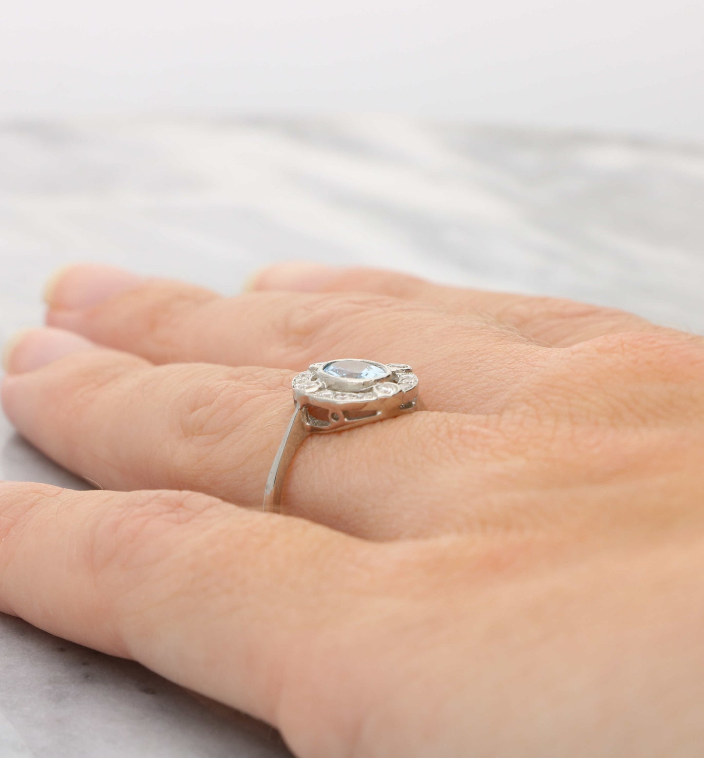 Platinum aquamarine and diamond Art Deco style ring