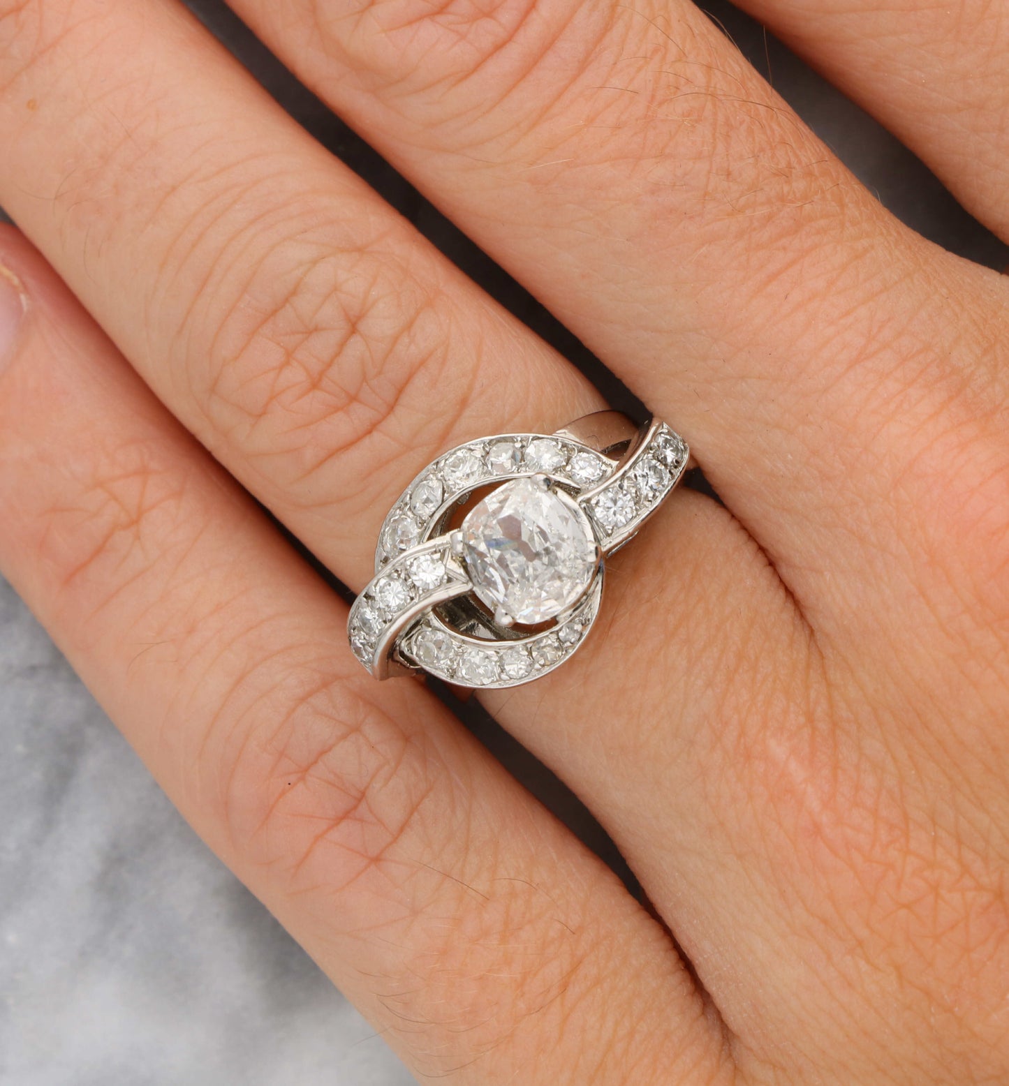 French 18ct old cut cushion diamond ring