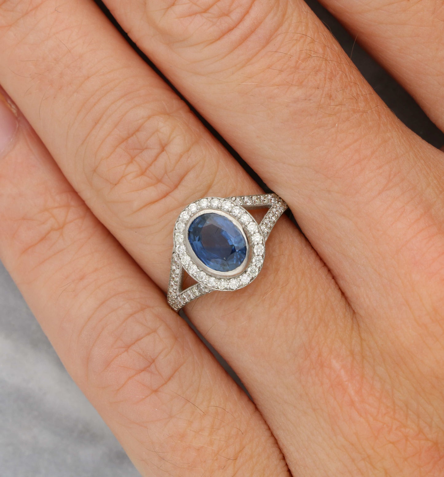 Platinum sapphire and diamond engagement ring