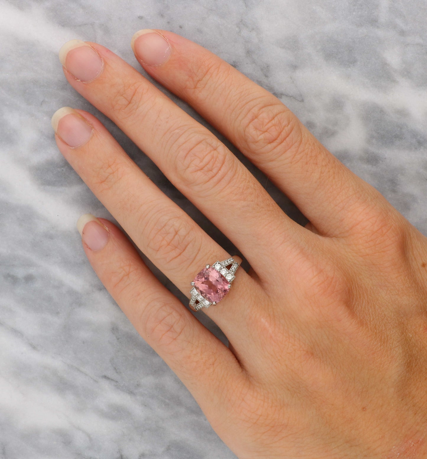 Platinum pink tourmaline and diamond ring
