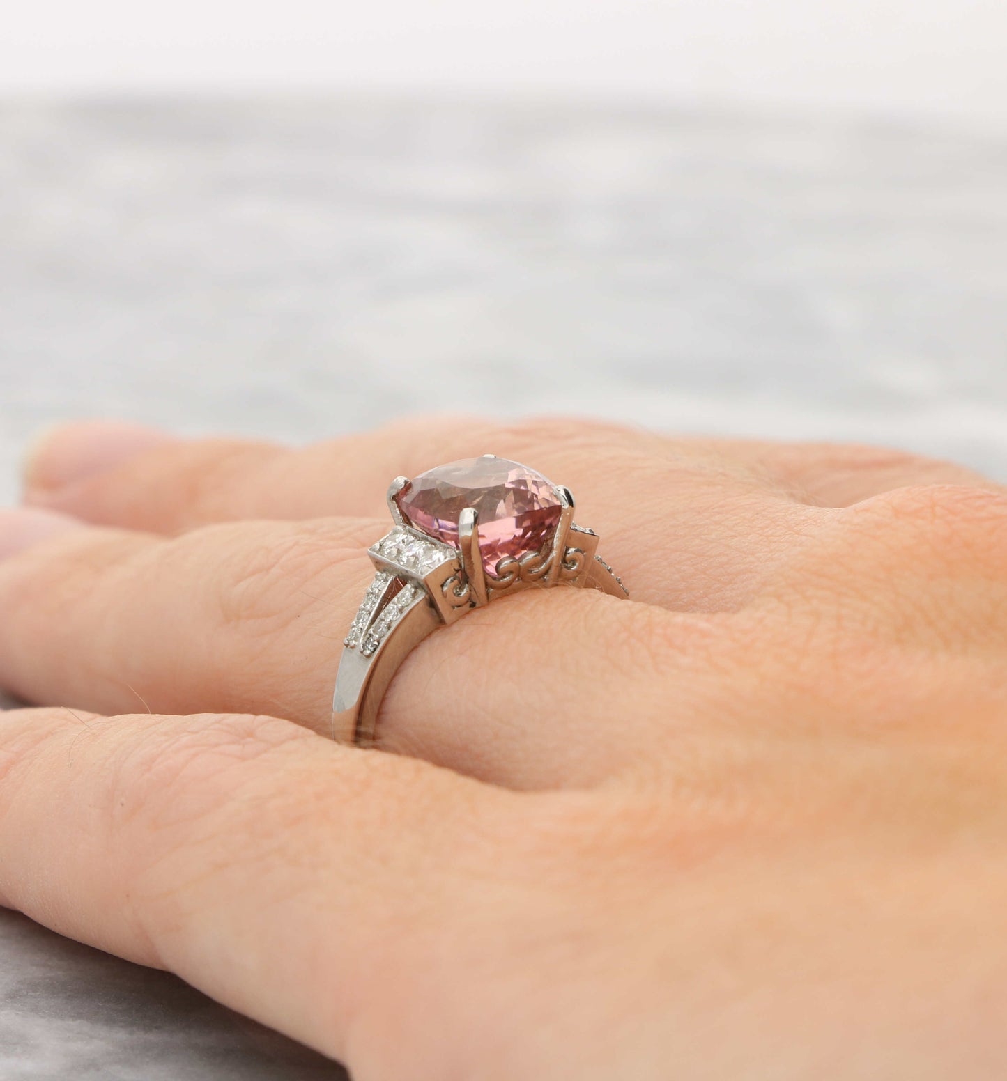 Platinum pink tourmaline and diamond ring