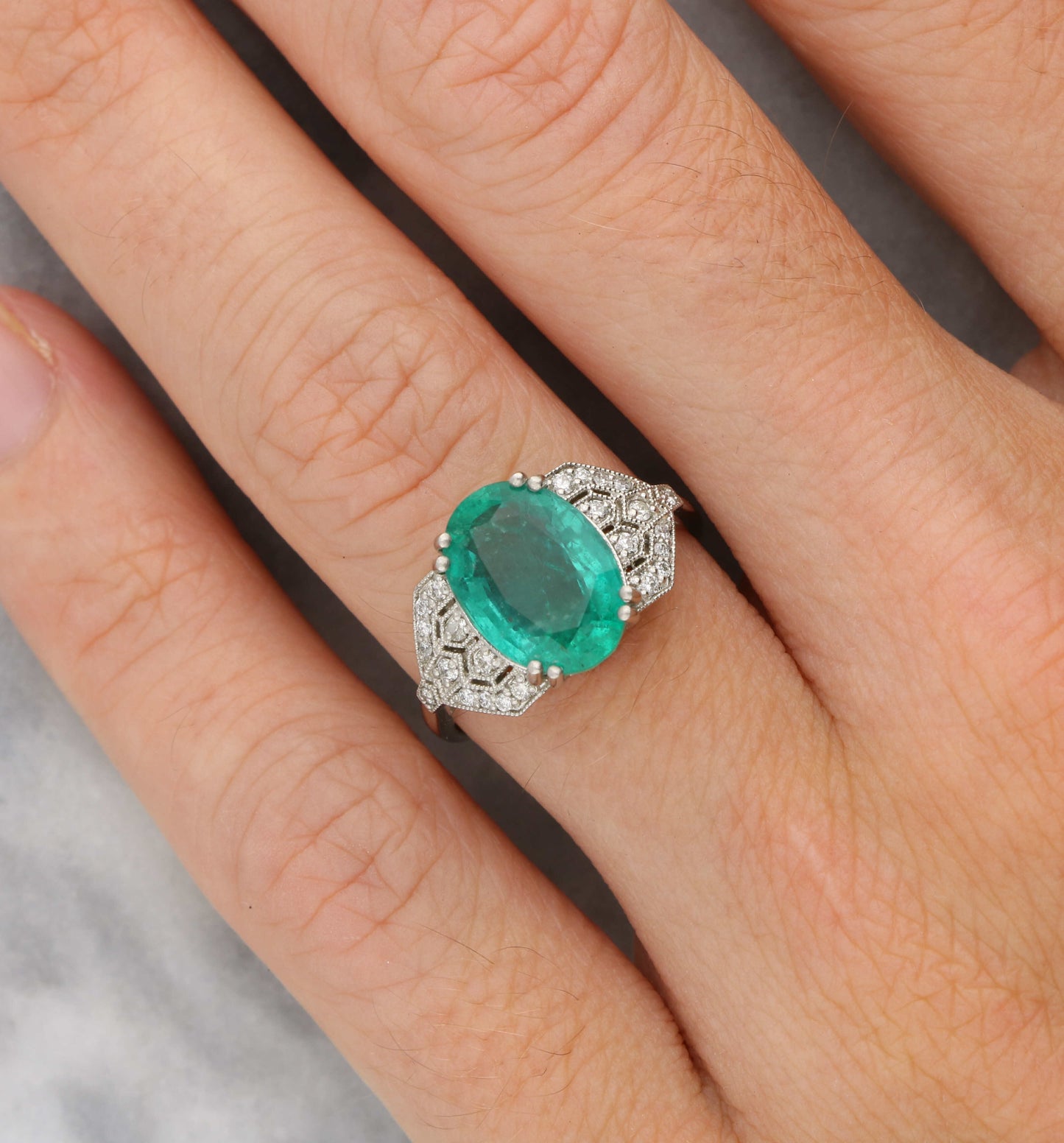 Platinum emerald and diamond Art Deco style ring