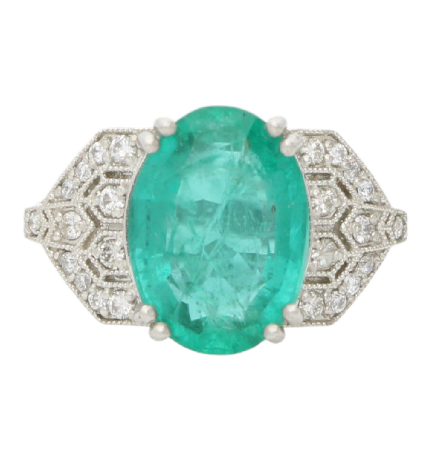 Platinum emerald and diamond Art Deco style ring
