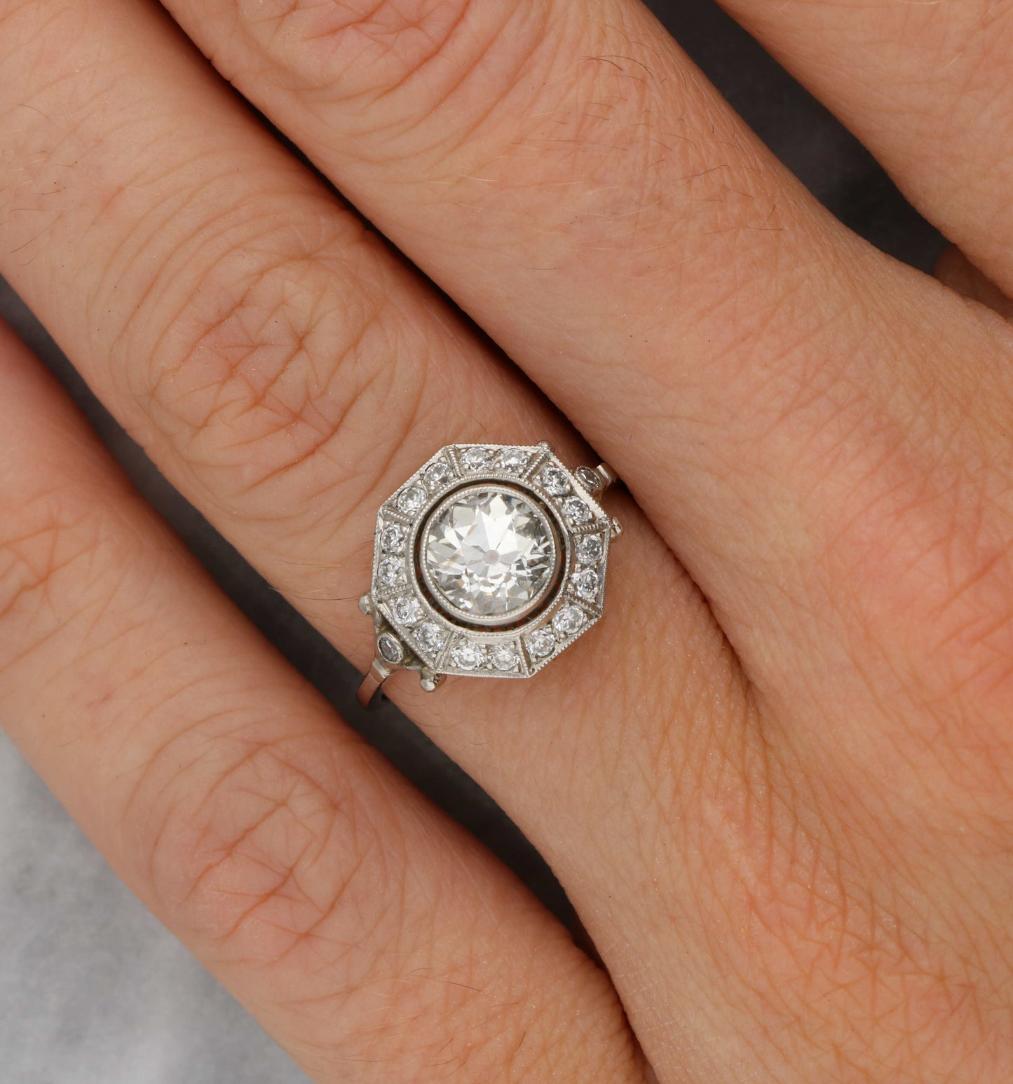 Platinum old cut diamond Art Deco style engagement ring