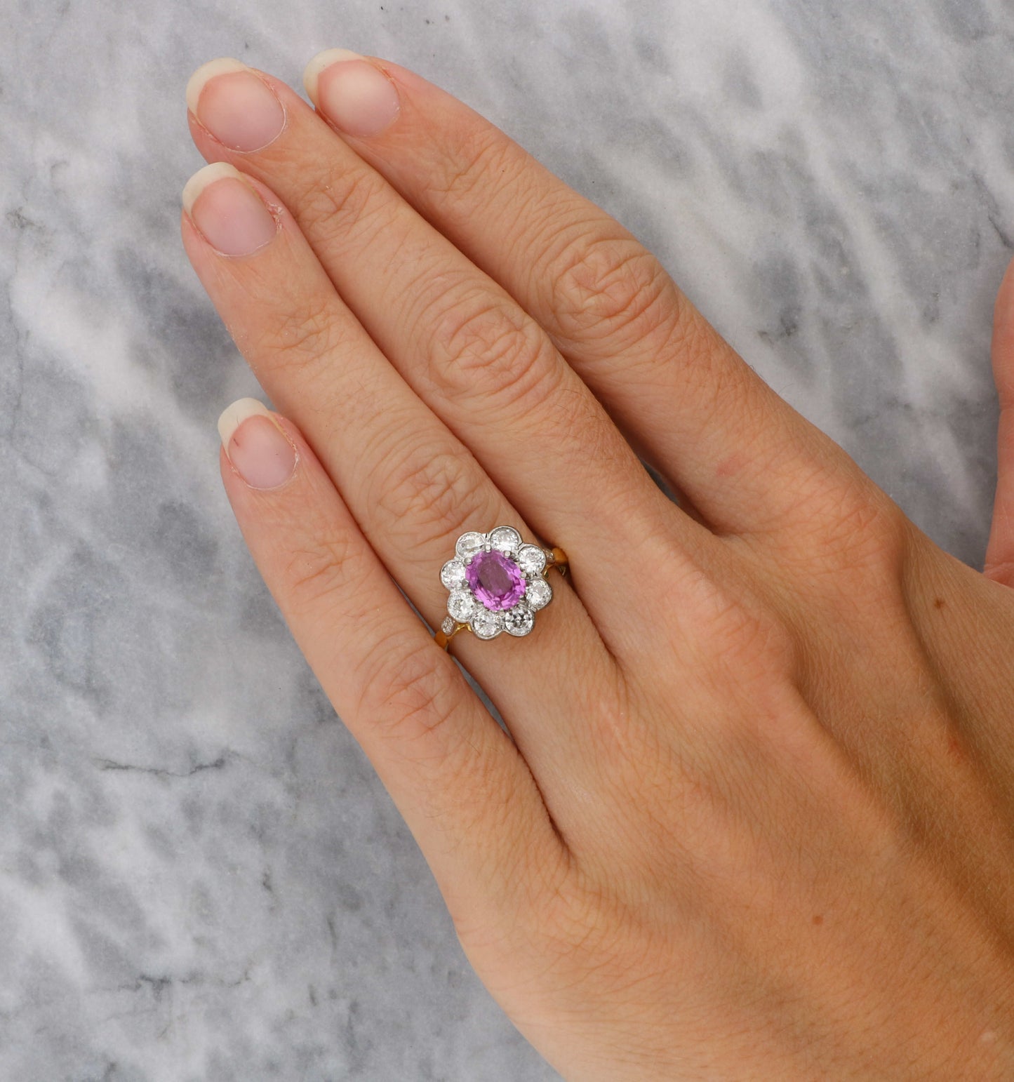 18ct pink sapphire and diamond cluster ring
