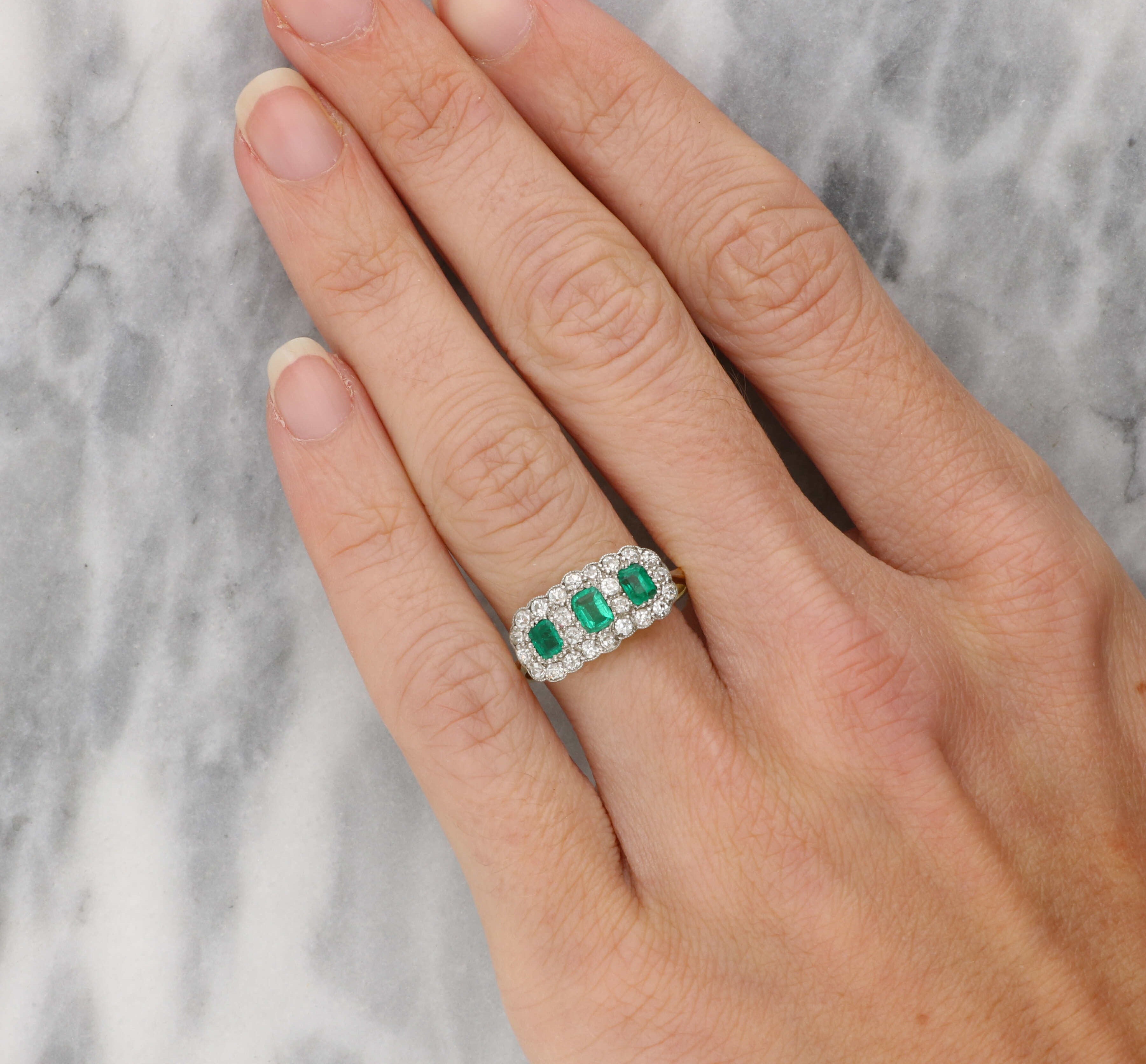 18ct Emerald And Diamond Triple Cluster Ring – Wave Antiques