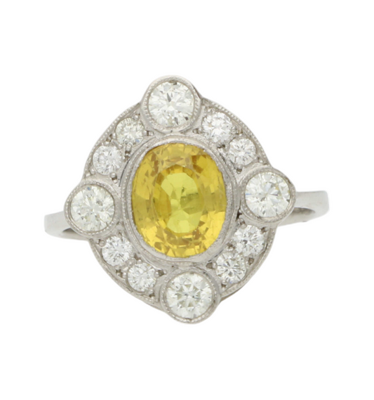 Platinum yellow sapphire and diamond Art Deco style engagement ring