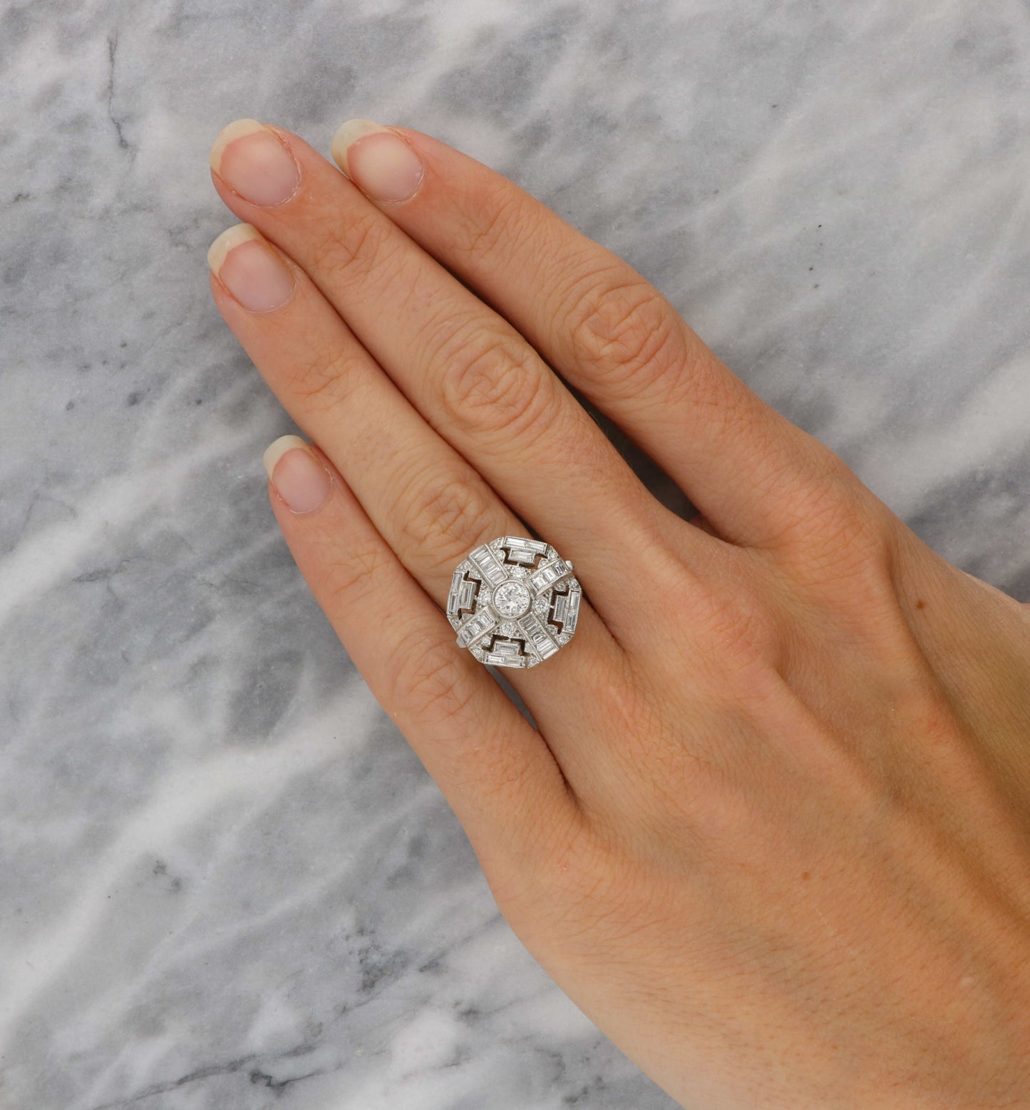 Platinum diamond Art Deco style cluster engagement ring