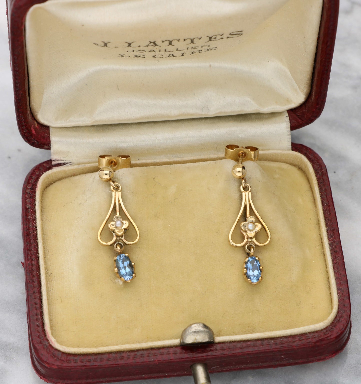 9ct pearl and aquamarine drop earrings