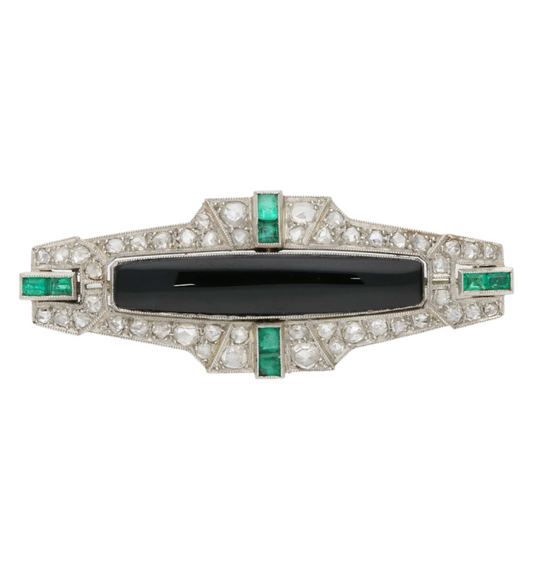 Rose-cut diamond, emerald and onyx brooch