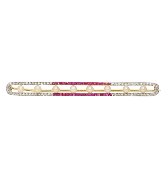 18ct ruby, pearl and rose-cut diamond bar brooch