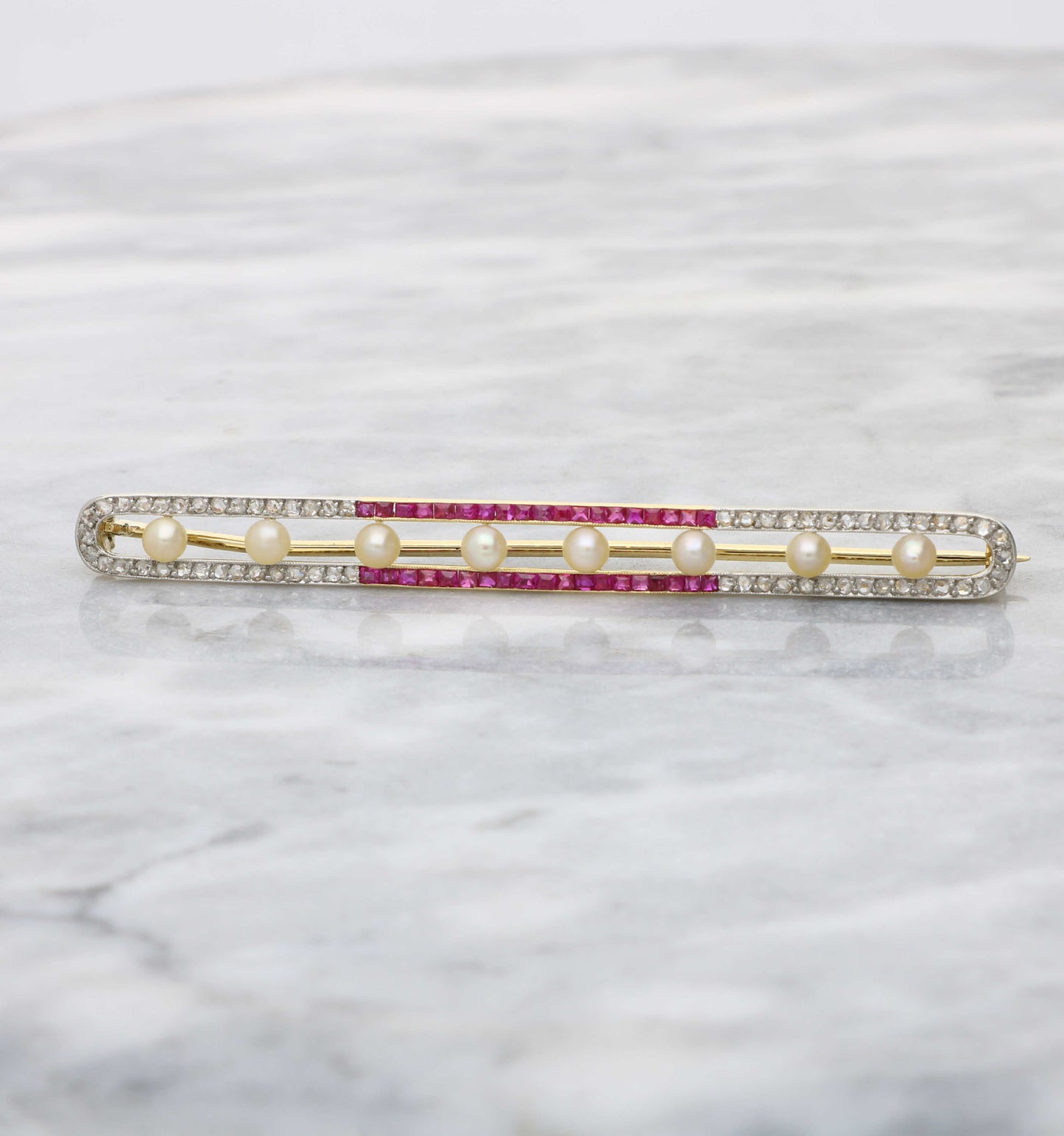 18ct ruby, pearl and rose-cut diamond bar brooch