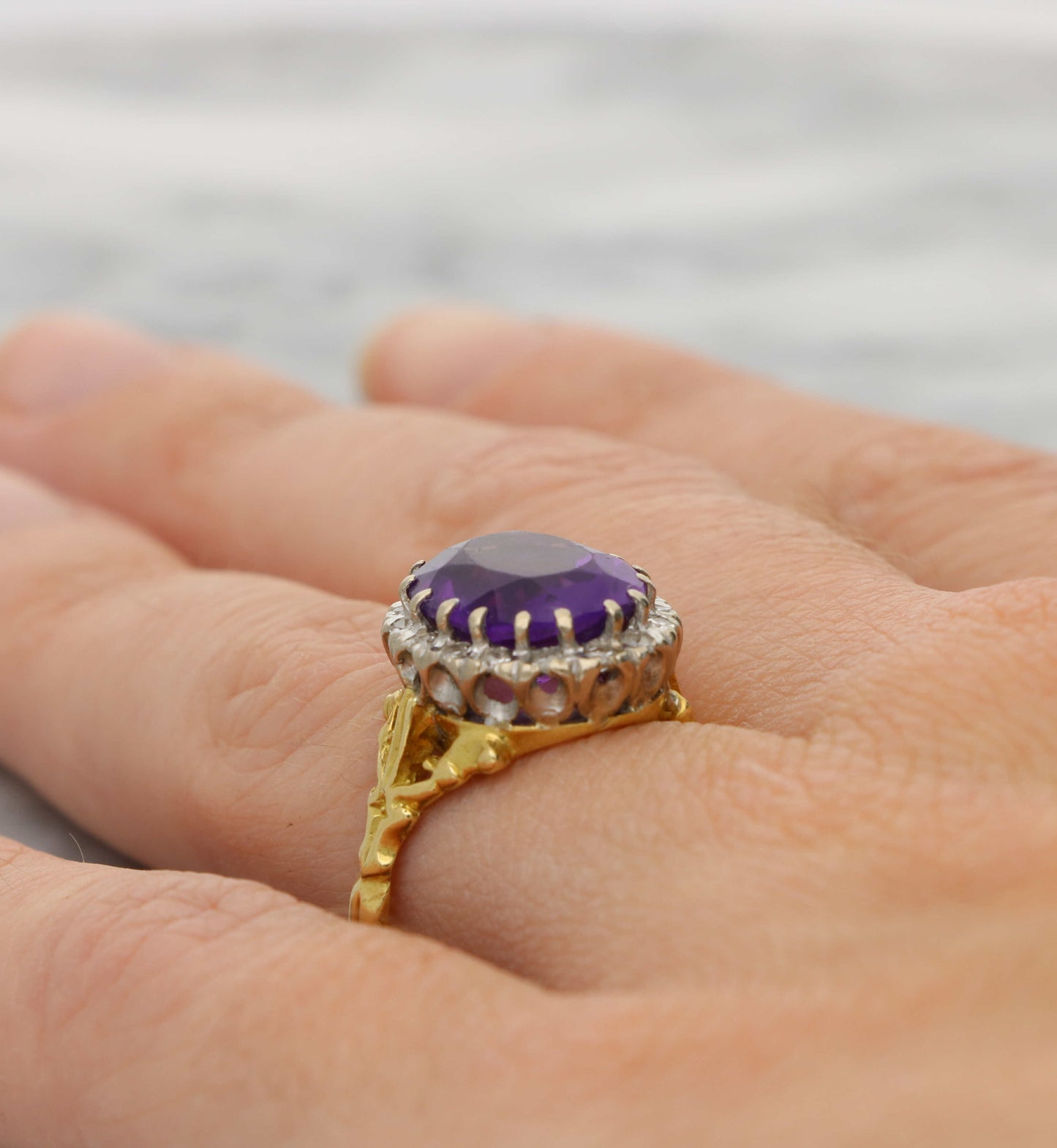 18ct amethyst and diamond cluster ring