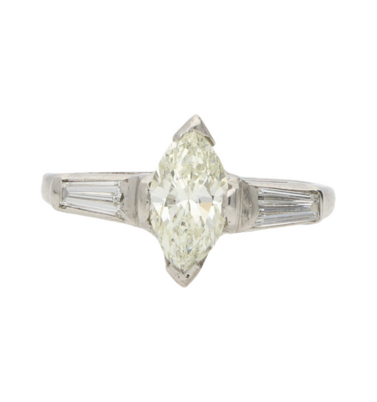 Platinum marquise and tapered baguette diamond engagement ring