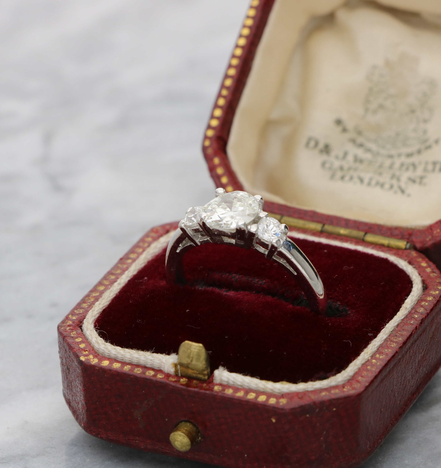 Platinum old cut diamond 3 stone engagement ring