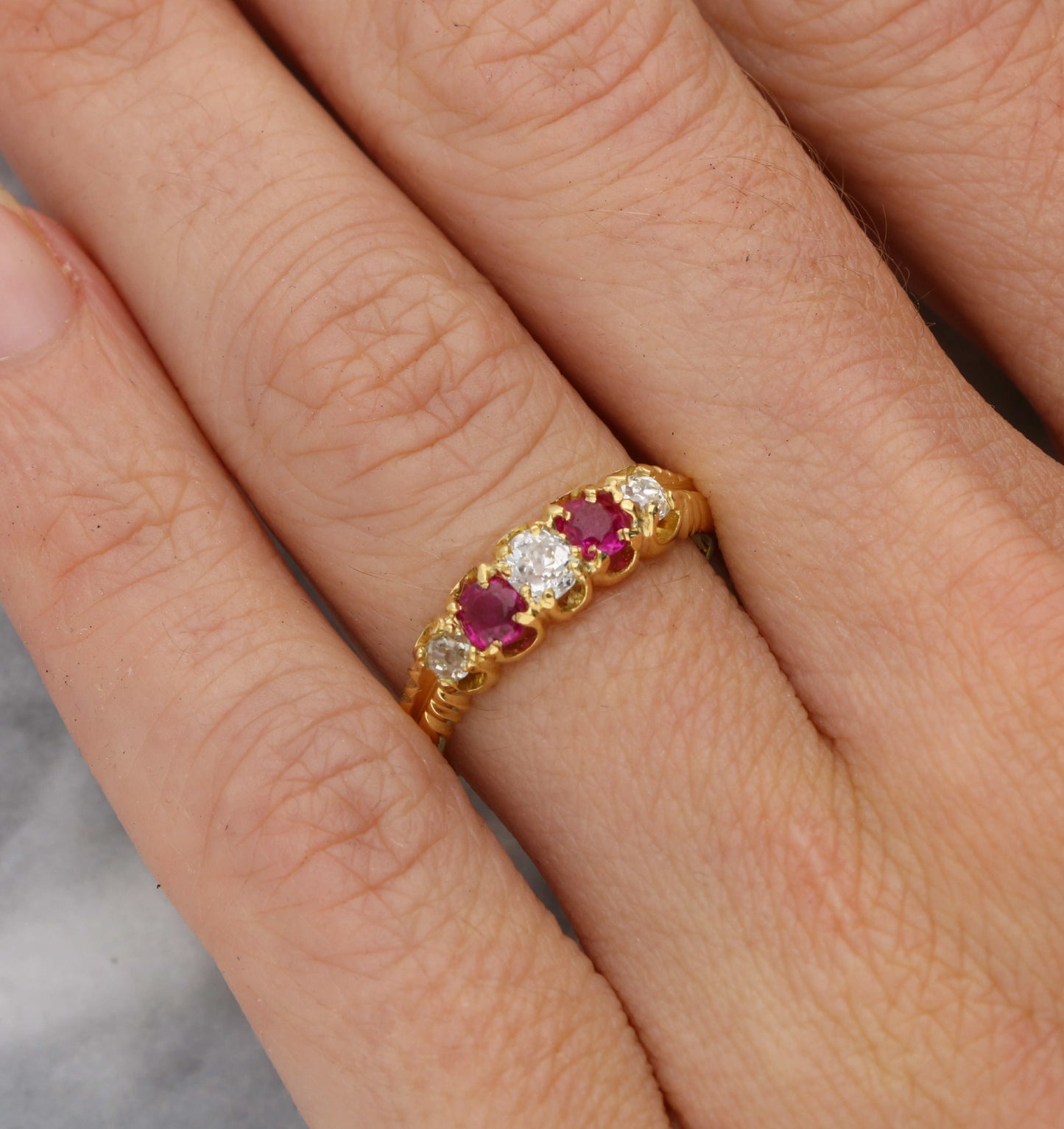 18ct ruby and old cut diamond 5 stone ring