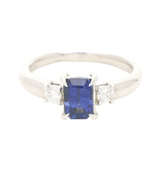 Platinum emerald cut sapphire & diamond 3 stone ring