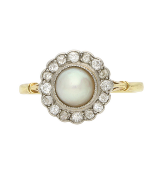 18ct pearl and old cut diamond cluster ring