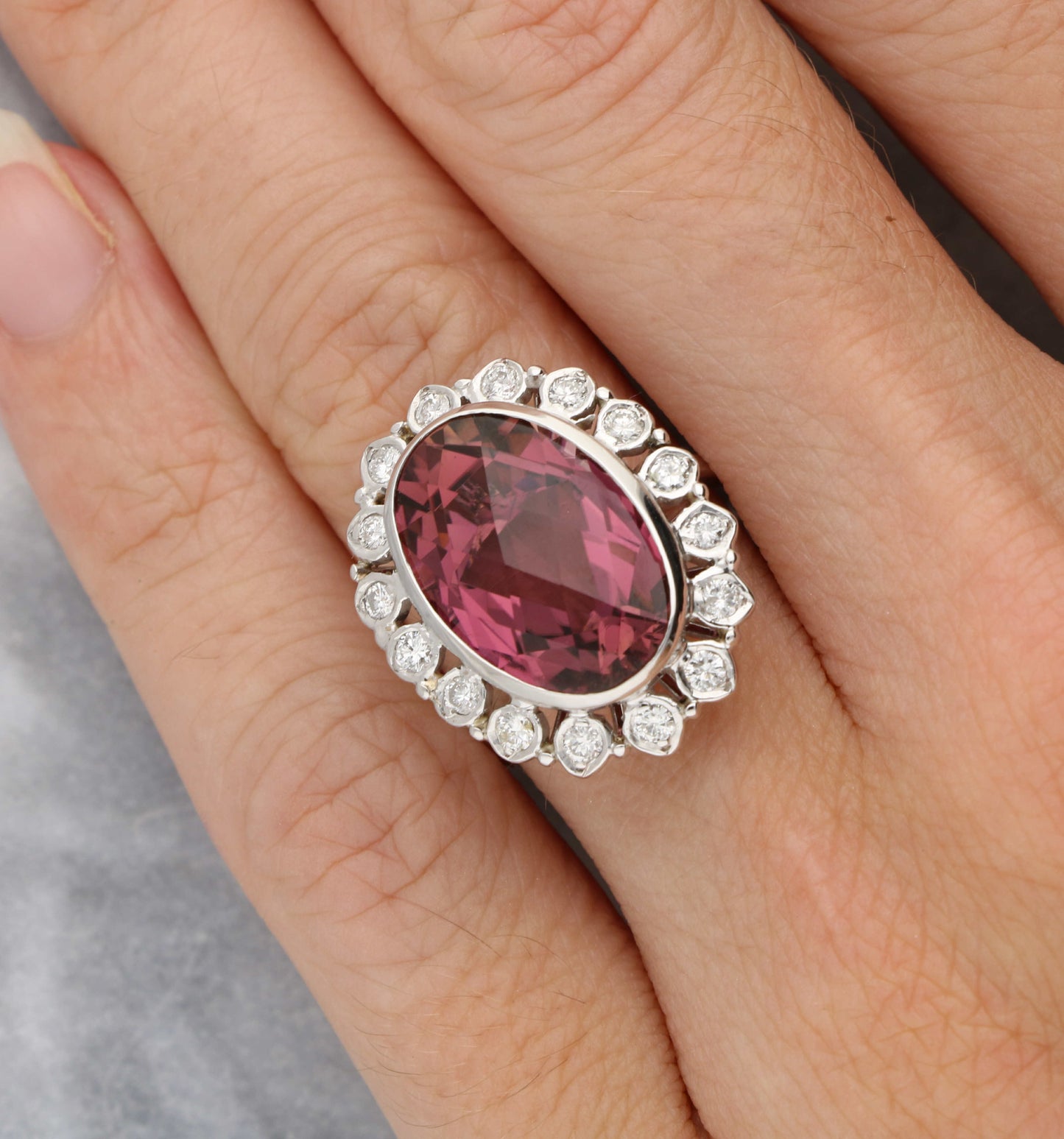 14ct pink tourmaline and diamond cluster ring