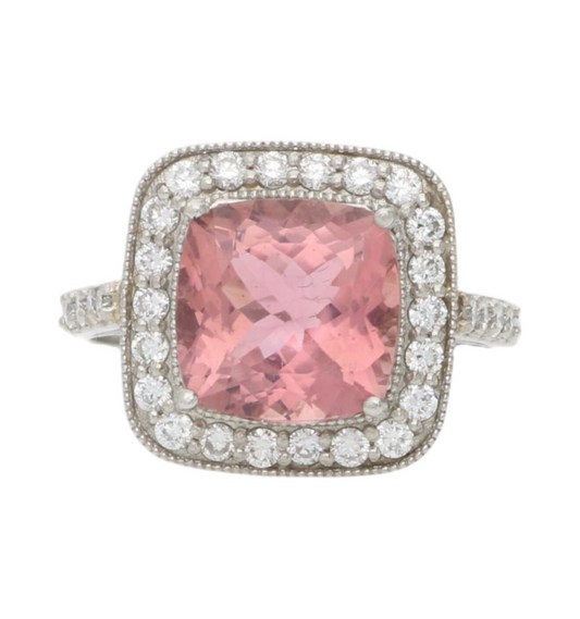 Platinum pink tourmaline and diamond cluster ring
