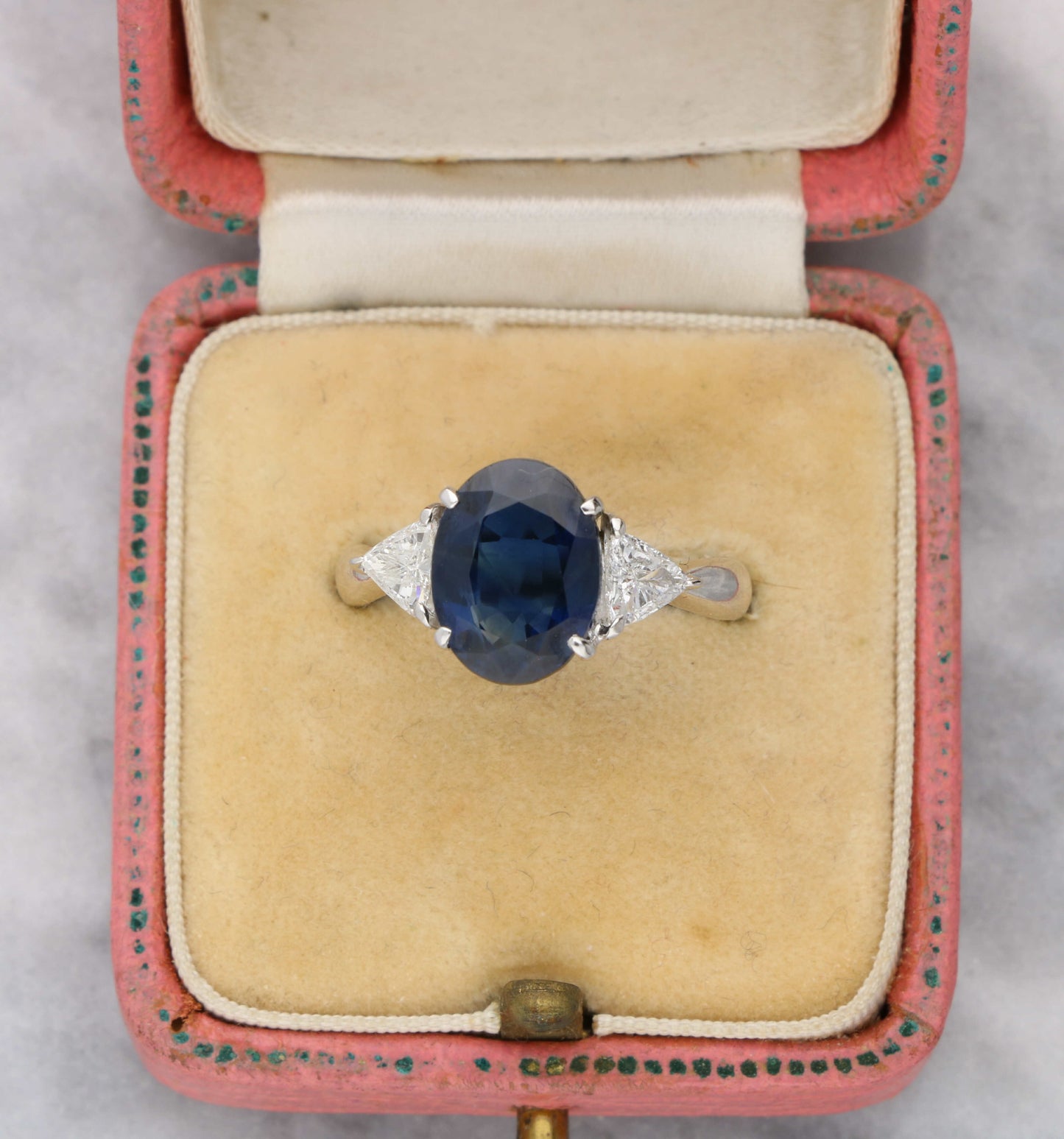 Platinum sapphire and diamond 3 stone engagement ring