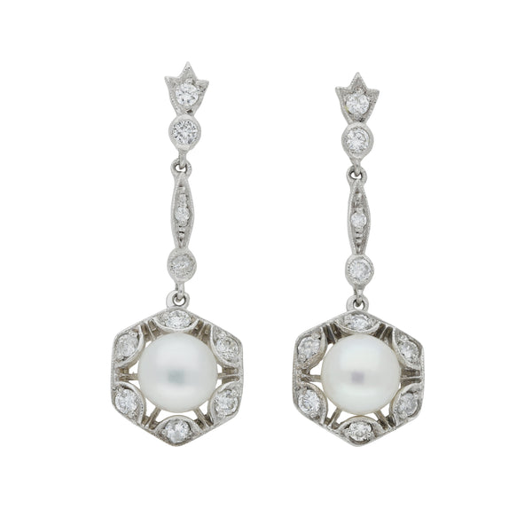 Vintage Pearl and Diamond Cluster Drop Earrings