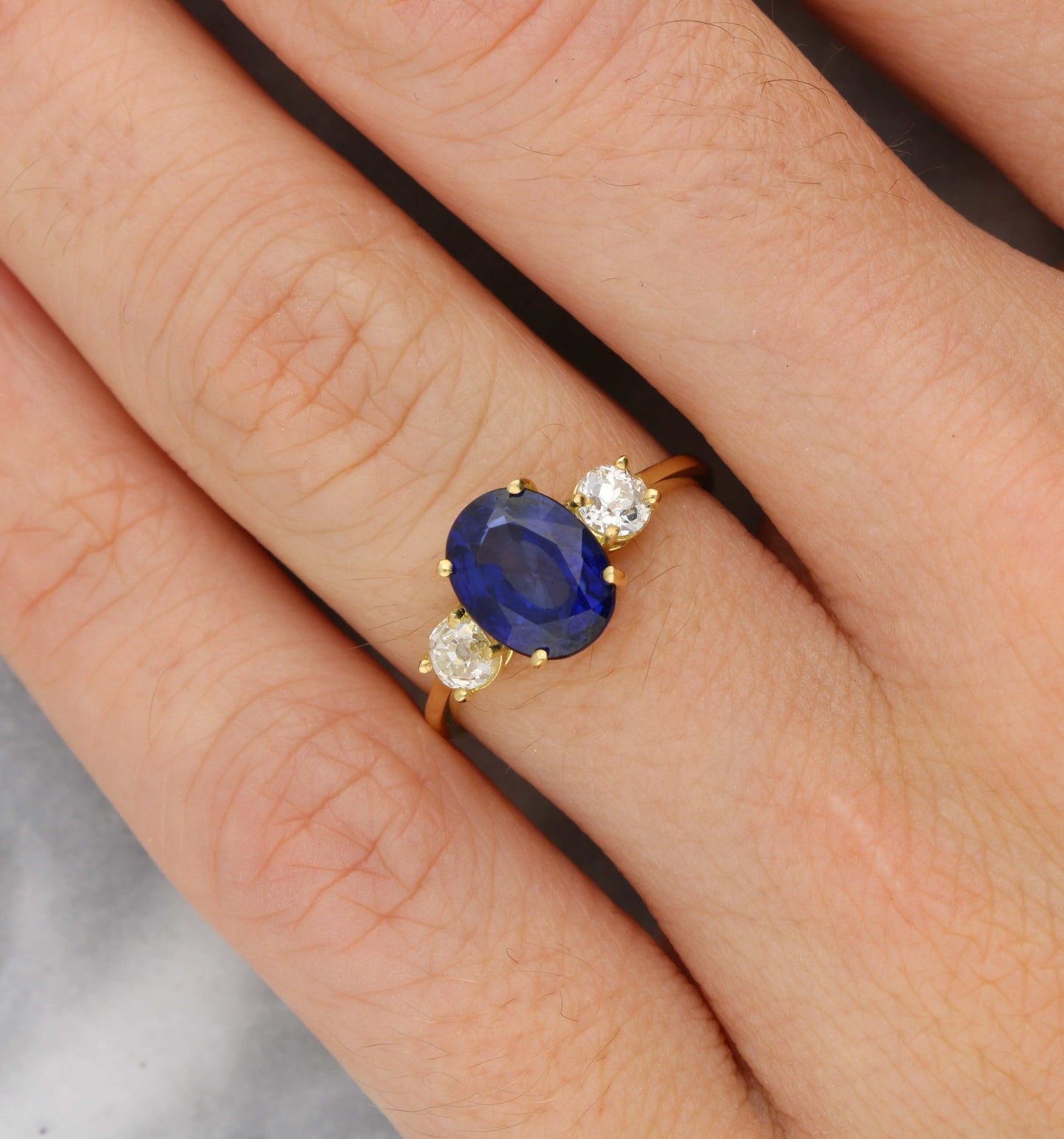 18ct sapphire and old cut diamond 3 stone engagement ring