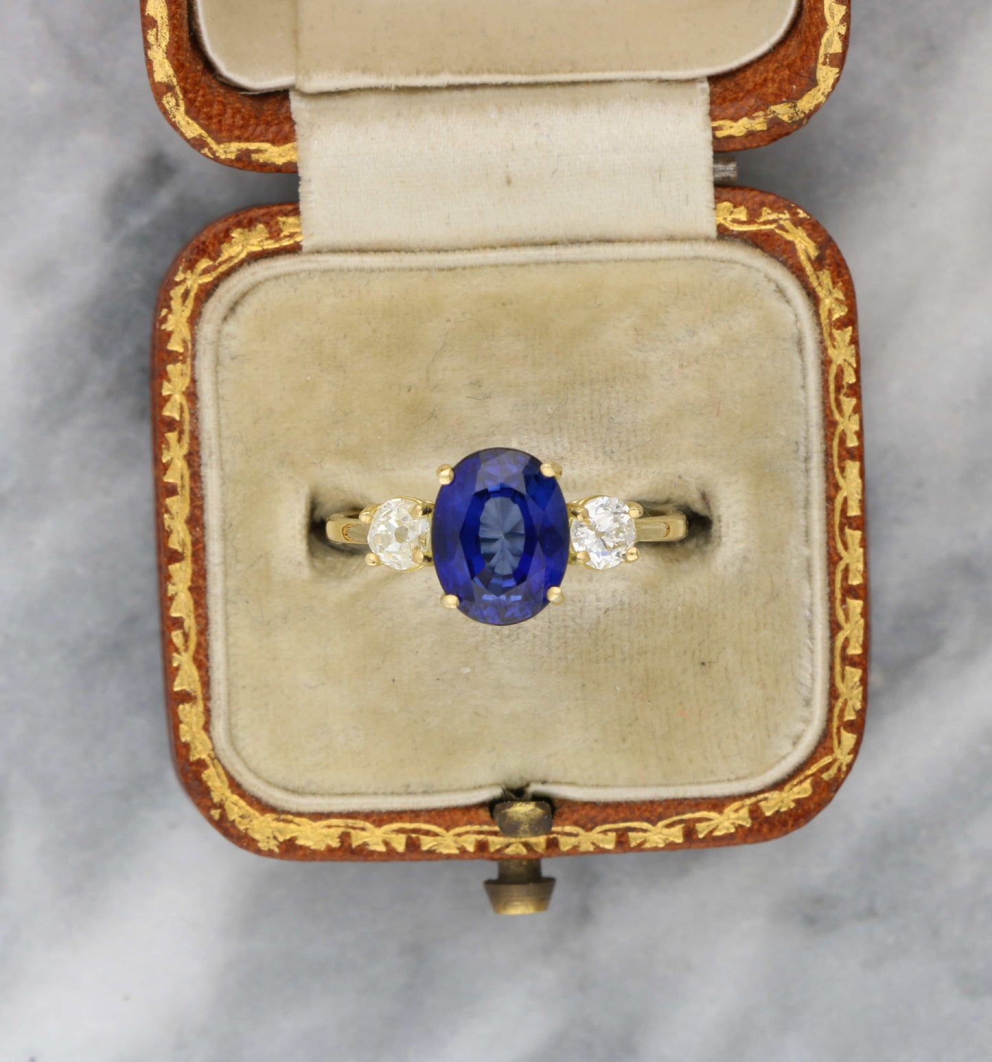 18ct sapphire and old cut diamond 3 stone engagement ring