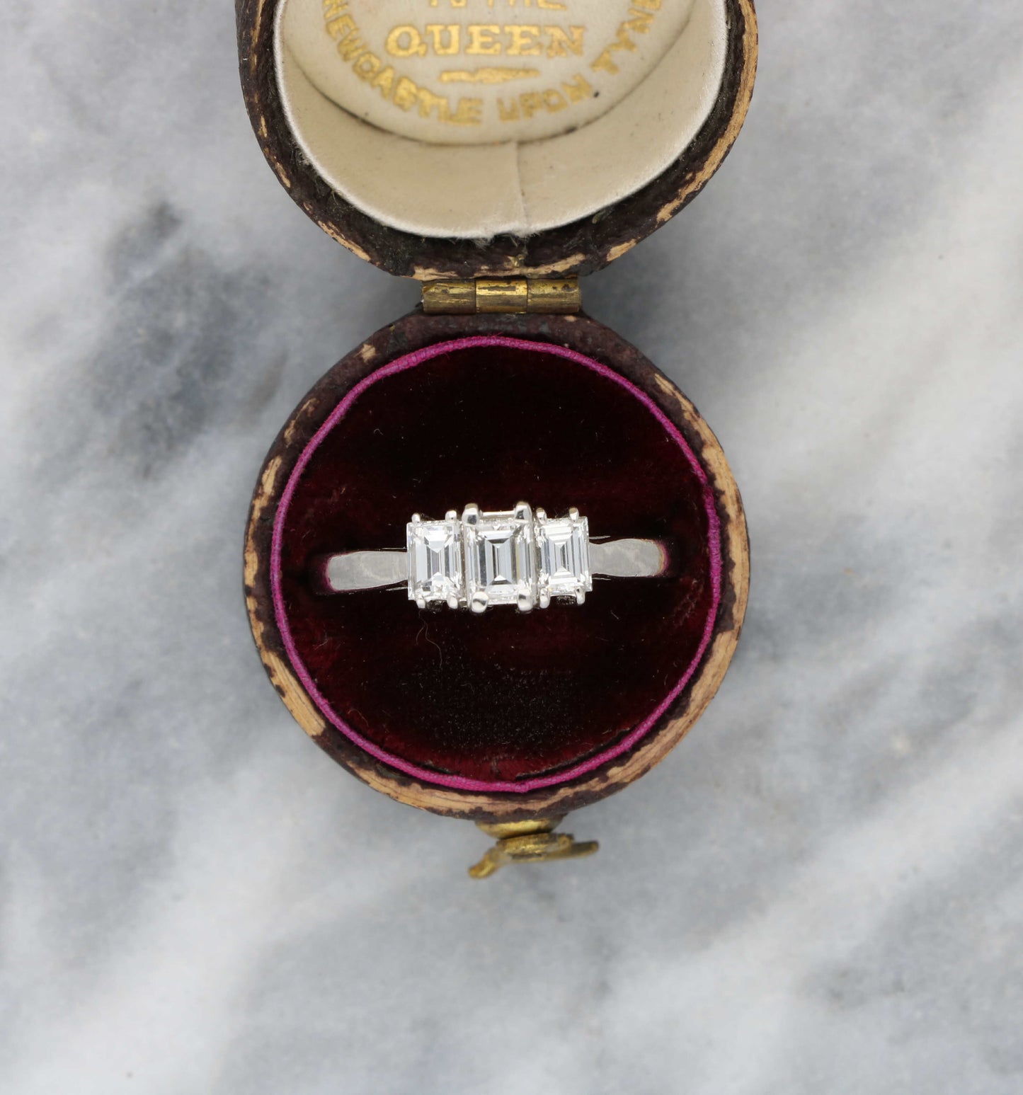 18ct and platinum emerald cut diamond 3 stone engagement ring