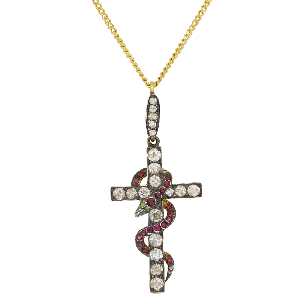 Antique Old Cut Diamond Ruby and Green Stone Snake Cross Pendant