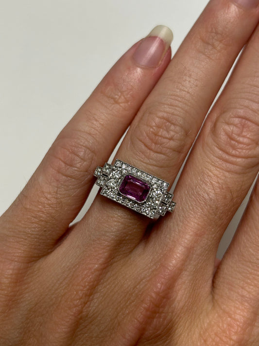 Platinum pink sapphire and diamond ring