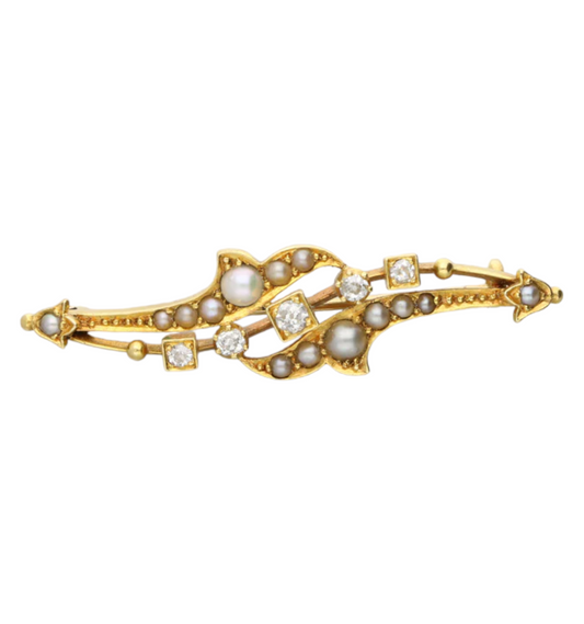 18ct old cut diamond and pearl brooch