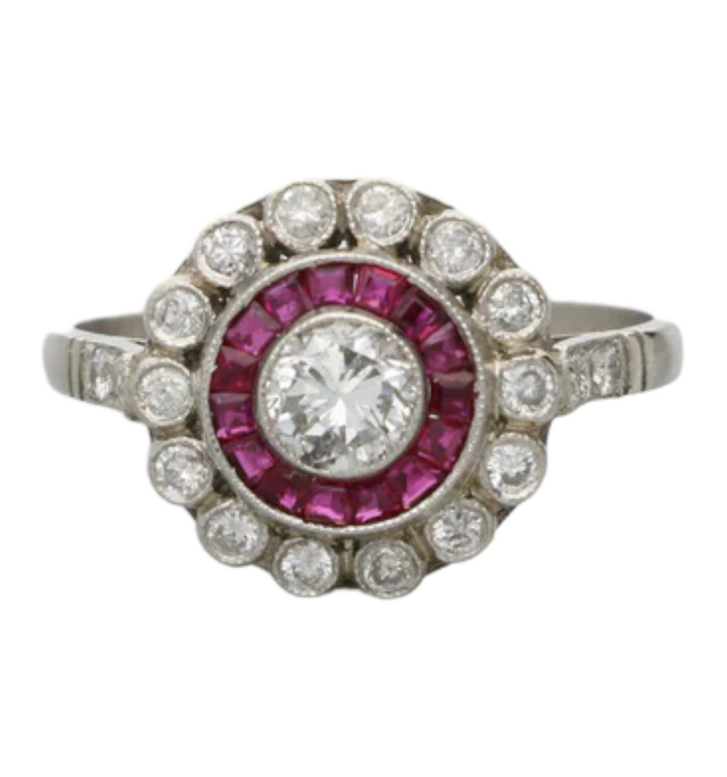Platinum diamond and ruby target engagement ring