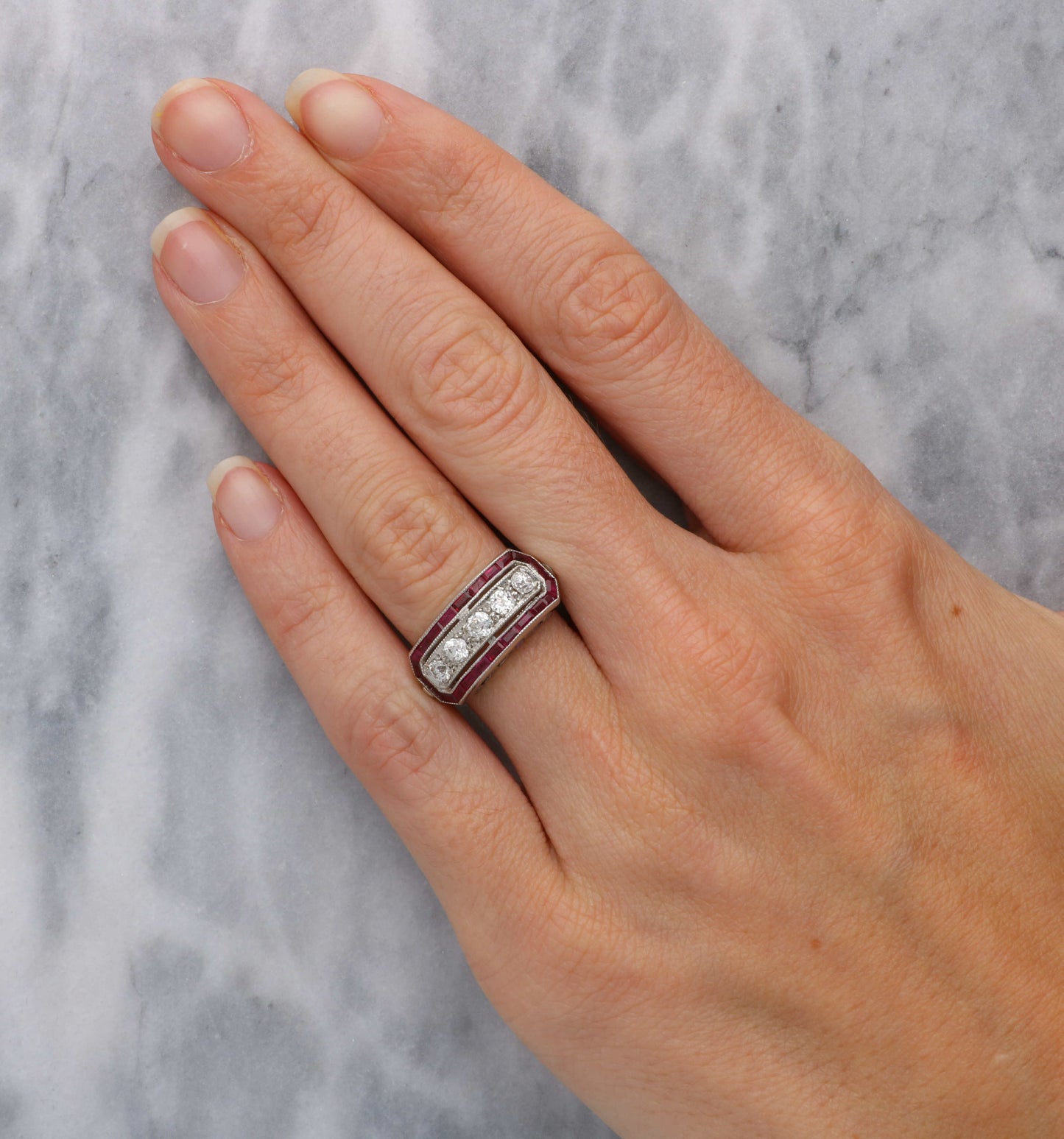 Platinum diamond and ruby Art Deco style ring