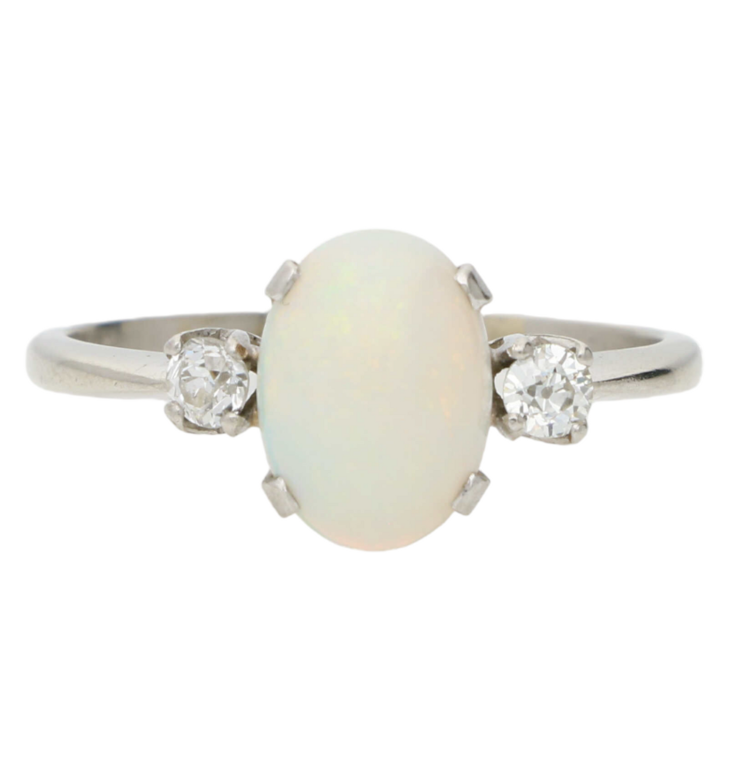 Platinum opal and old cut diamond 3 stone ring