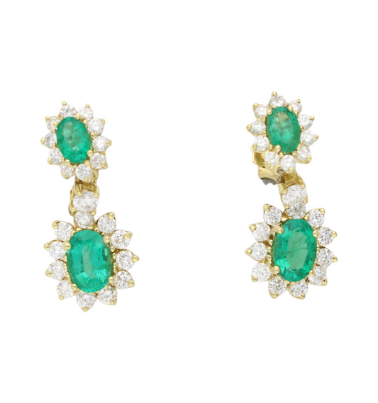 18ct emerald and diamond cluster drop earrings