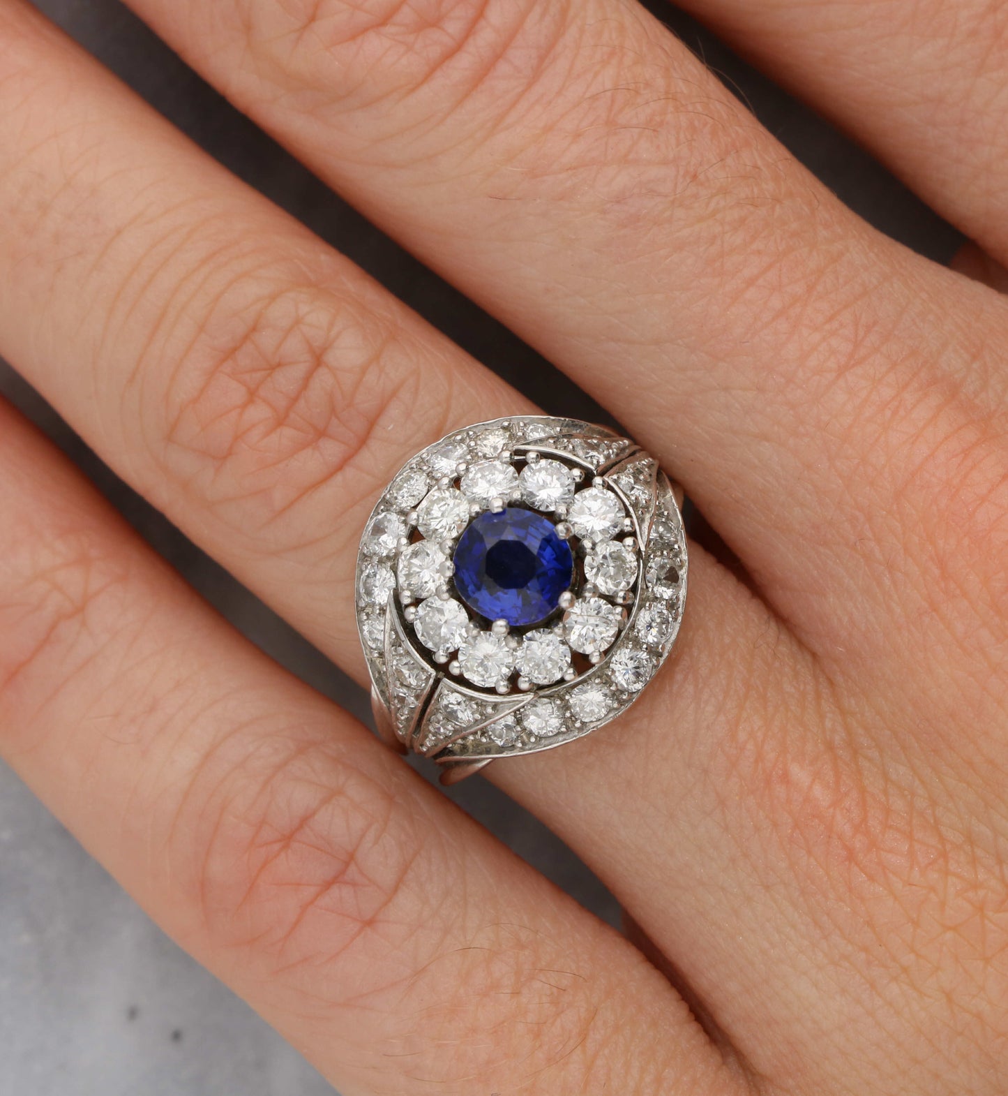 French platinum sapphire and diamond cluster ring