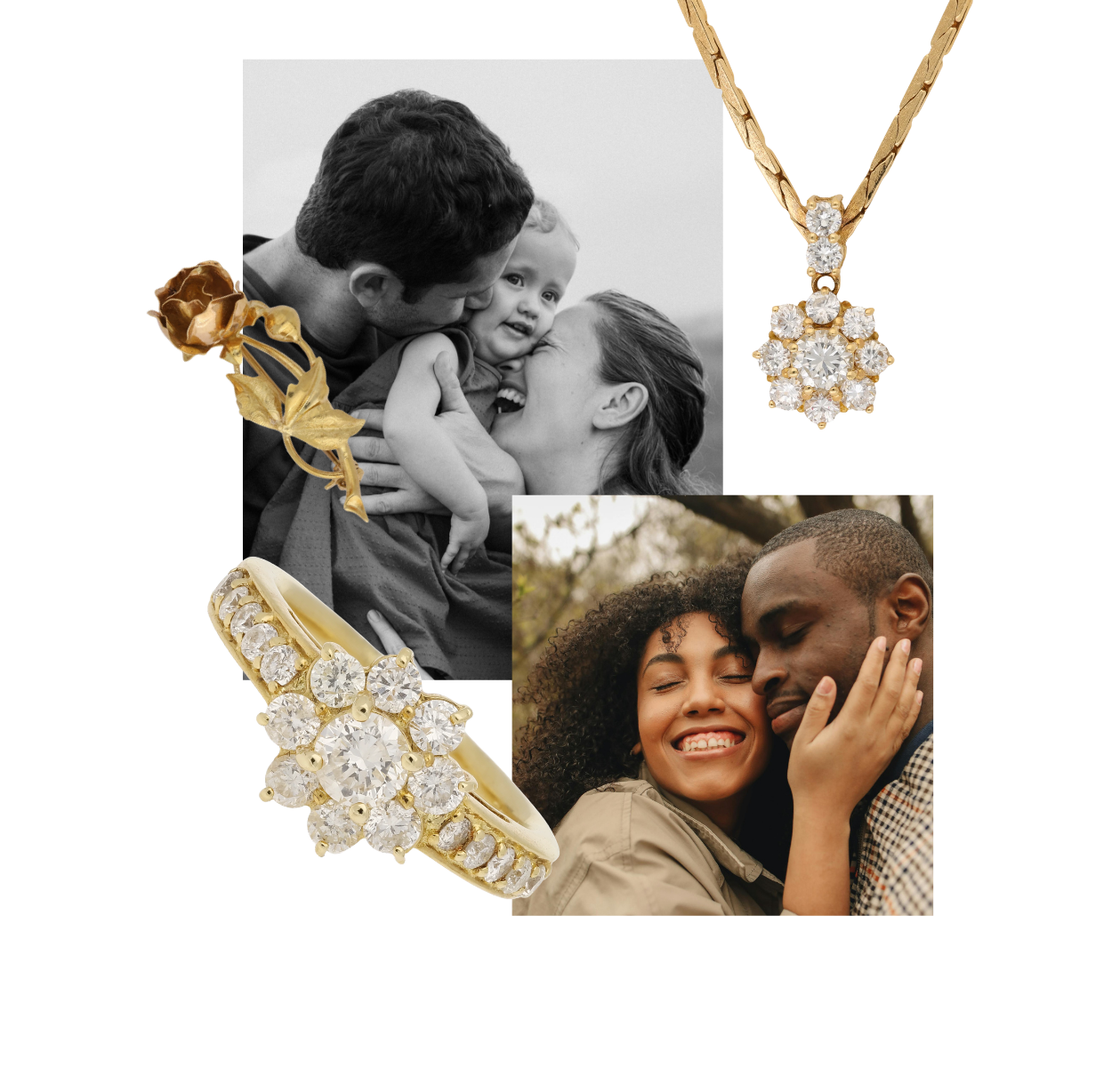Collage of gold jewelry with a family photo background