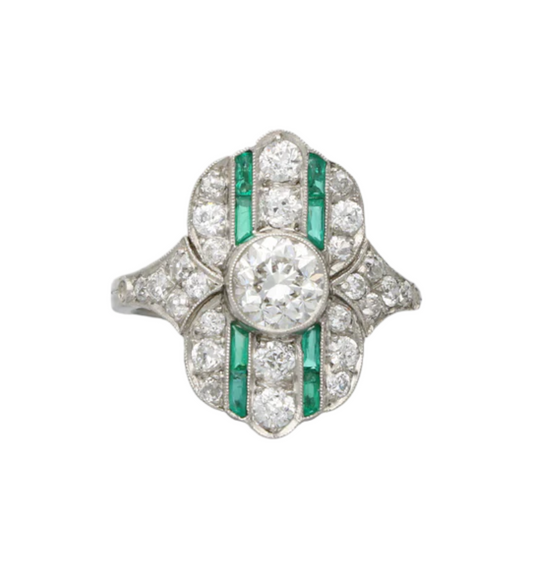 1.08ct diamond and emerald Art Deco style engagement ring