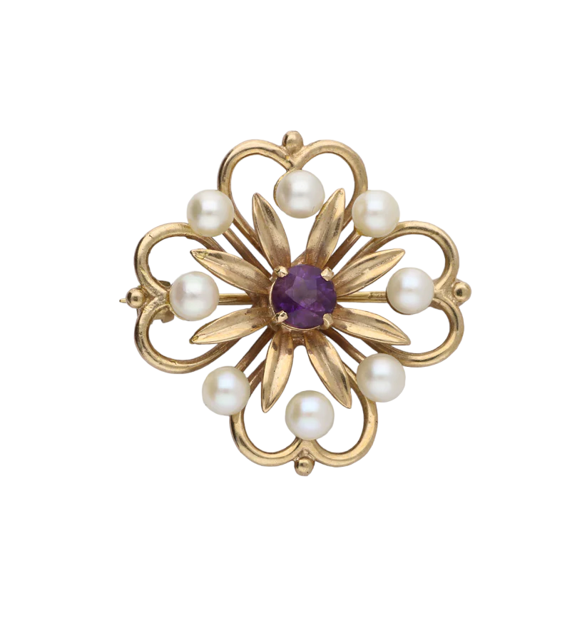 9ct amethyst and pearl brooch