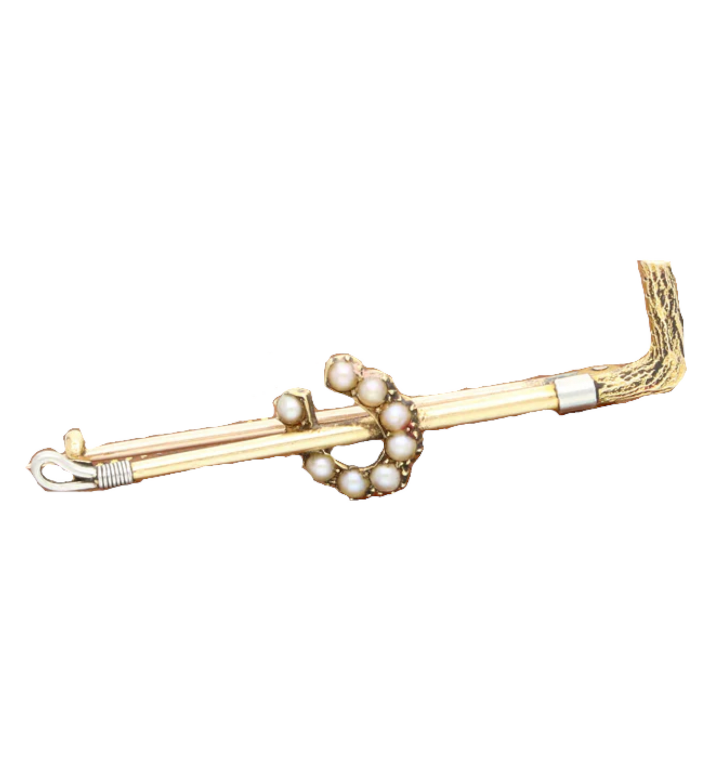 15ct yellow gold pearl set riding crop brooch