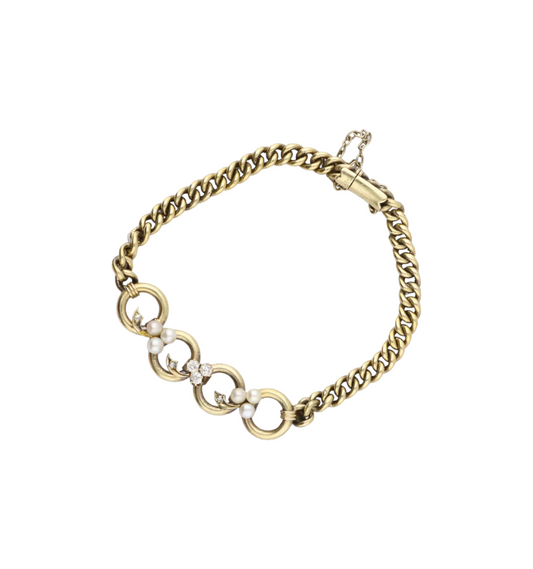 Antique 15ct diamond and pearl set curb bracelet